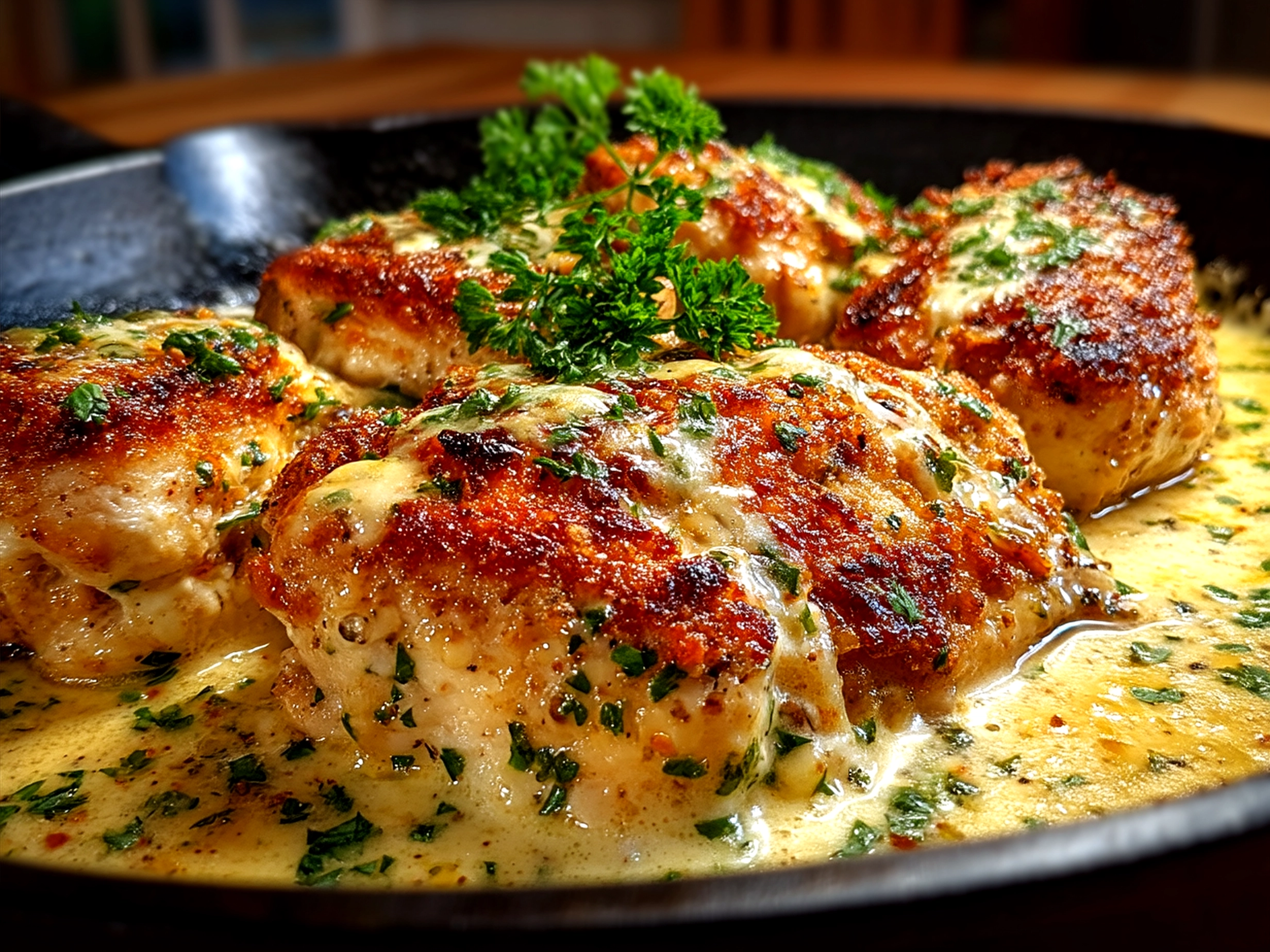 One-Pan Creamy Parmesan Chicken served on a plate with parsley garnish