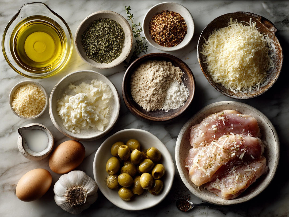 Ingredients for One-Pan Creamy Parmesan Chicken including chicken breasts, garlic, parmesan cheese, spinach, cream, and olive oil