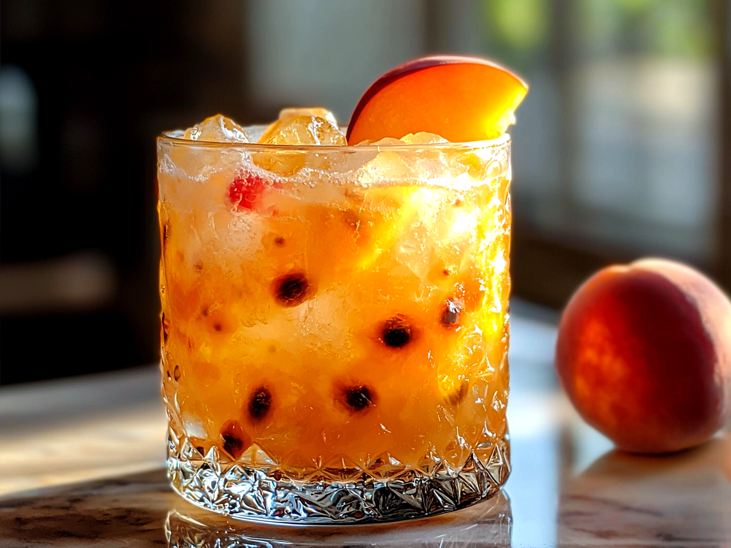 Finished Peach Passion Fruit Mocktail served with fresh mint in clear glasses