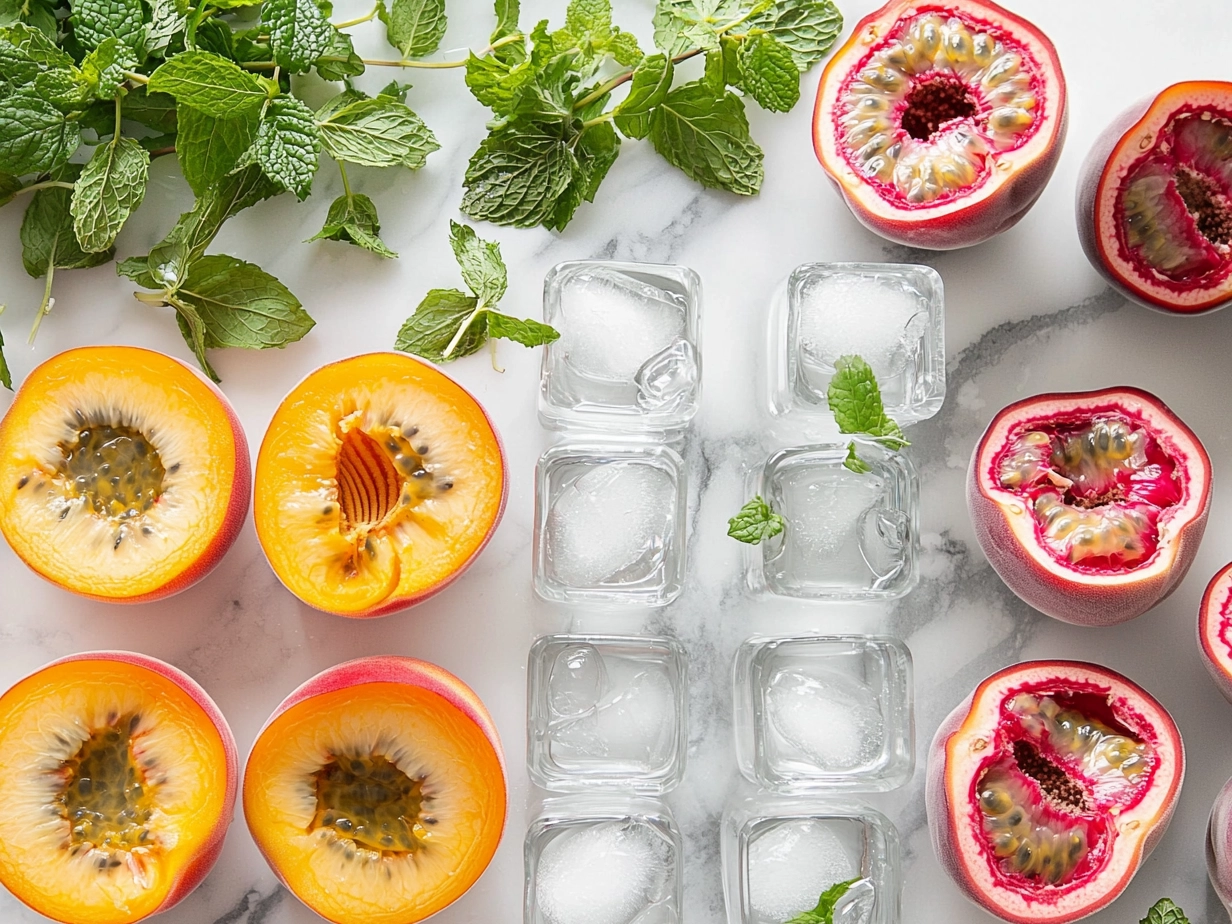 Fresh ingredients for Peach Passion Fruit Mocktail including peaches, passion fruit juice, lemon, honey, sparkling water, and mint