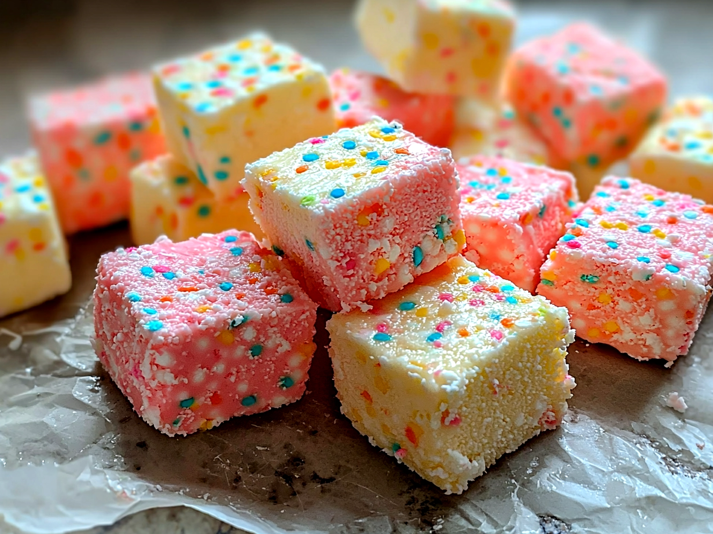 Peeps Marshmallow Fudge squares served on a festive plate