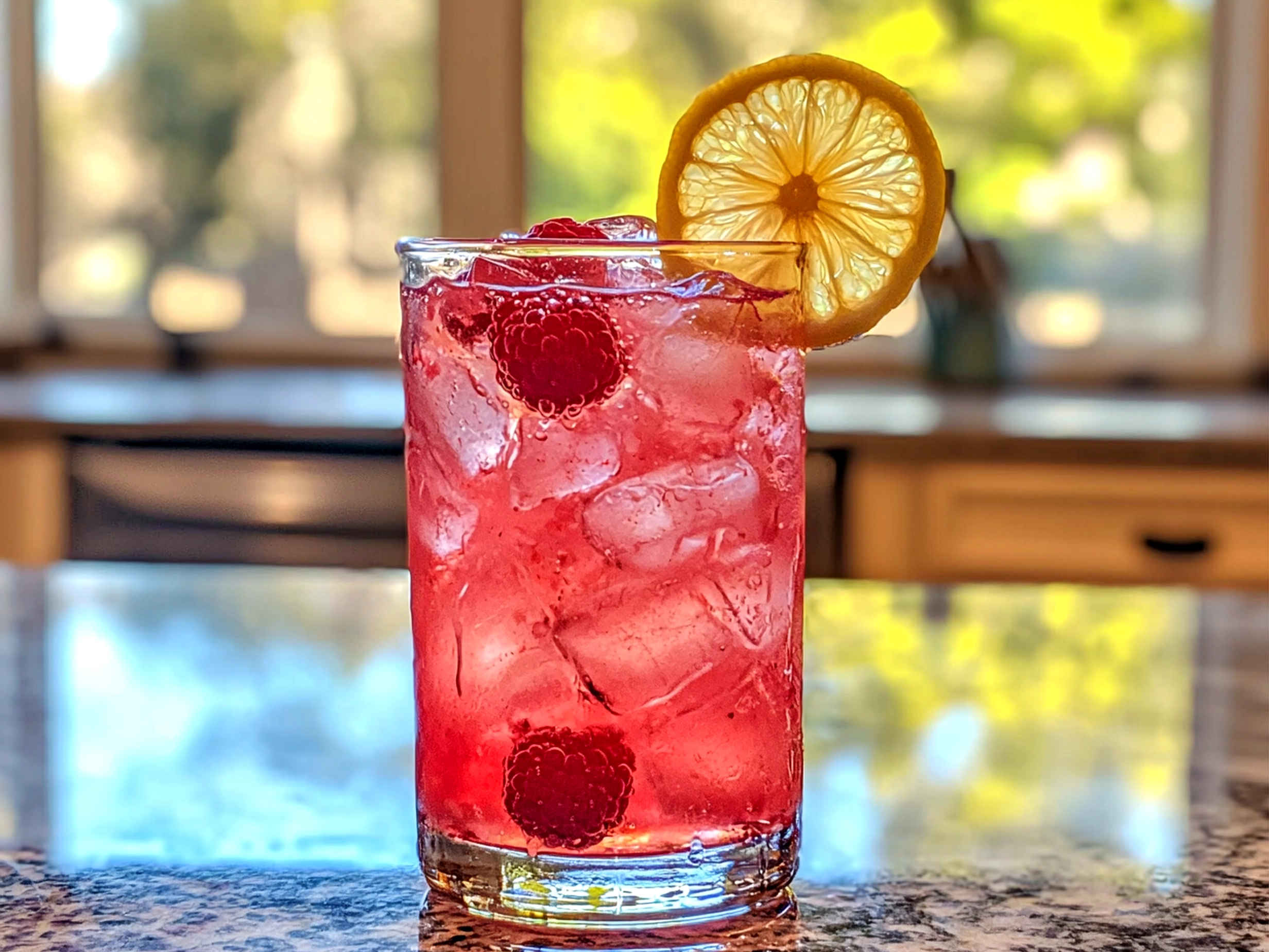 Glass of freshly made Raspberry Rose Lemonade with lemon slices and raspberries garnish