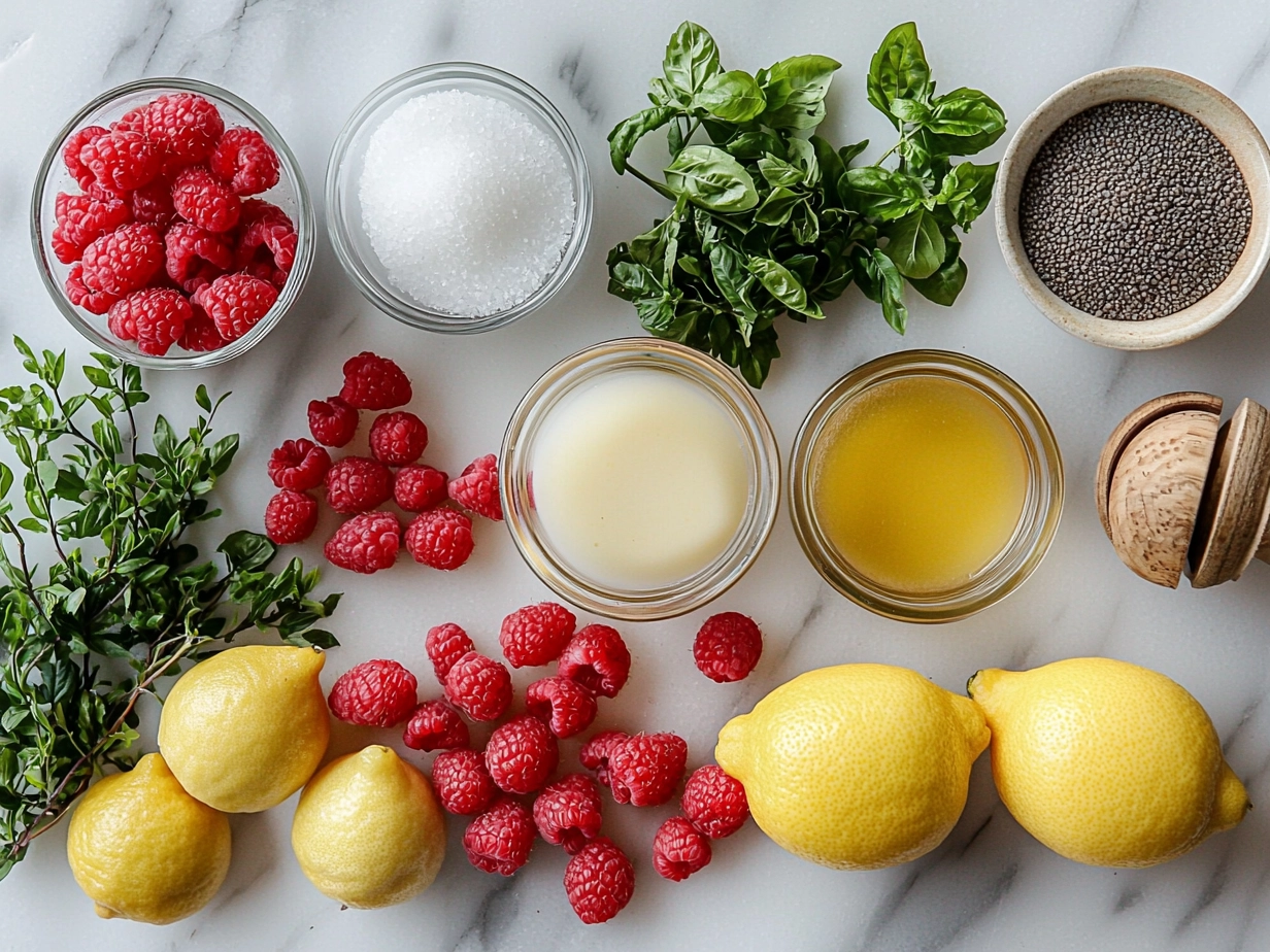 Ingredients for Raspberry Rose Lemonade on kitchen counter