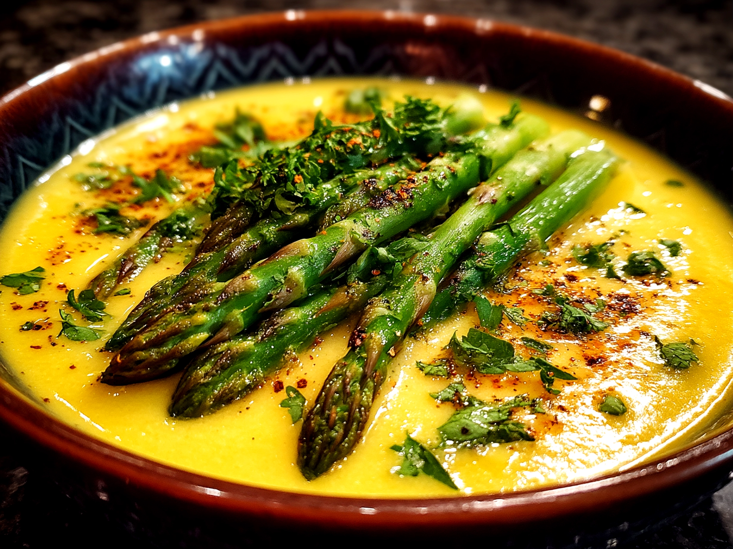 Bowl of creamy Roasted Asparagus Soup garnished with fresh herbs and a slice of bread