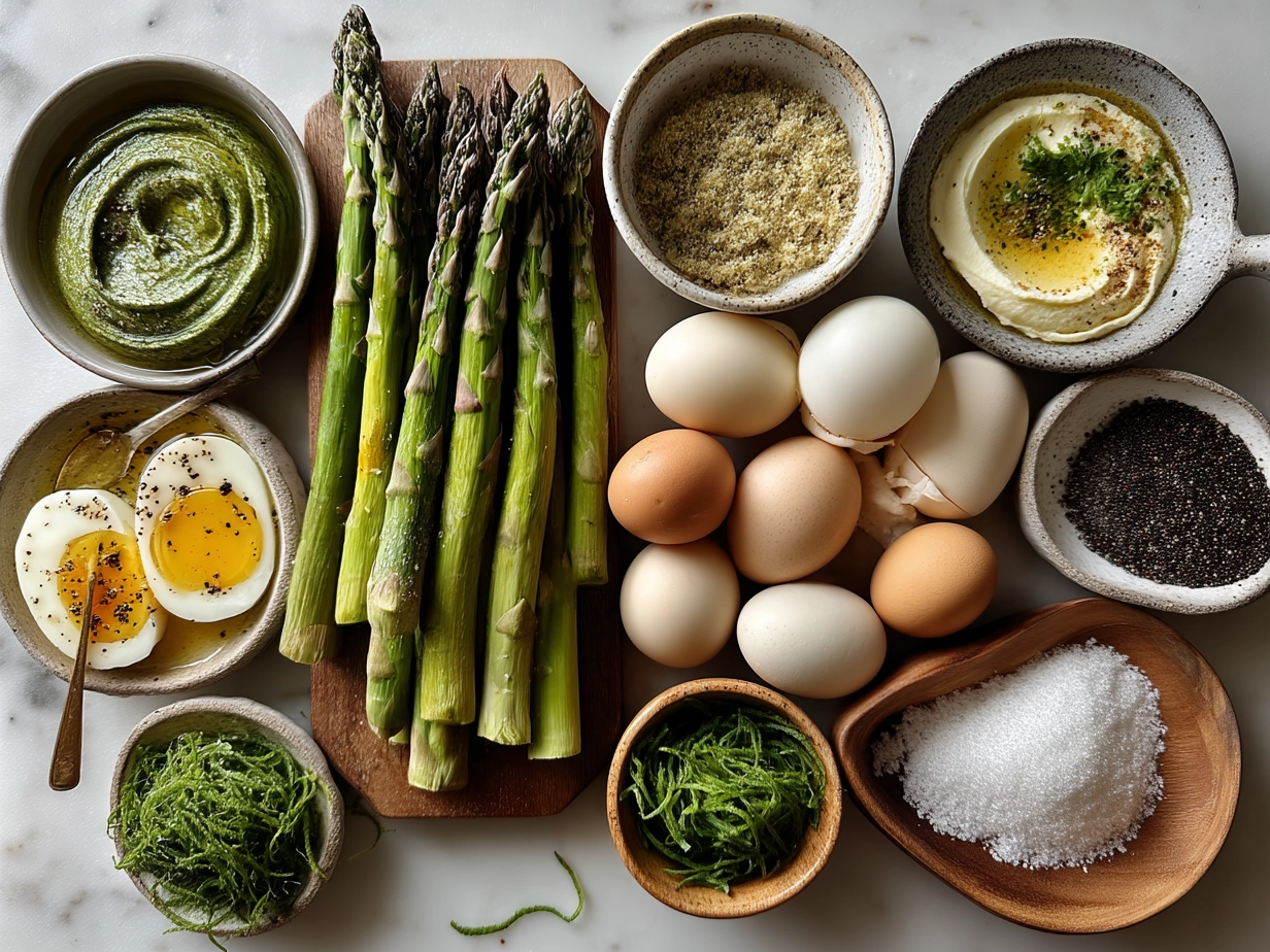 Ingredients for Roasted Asparagus Soup including asparagus, onion, garlic, potatoes, and Greek yogurt