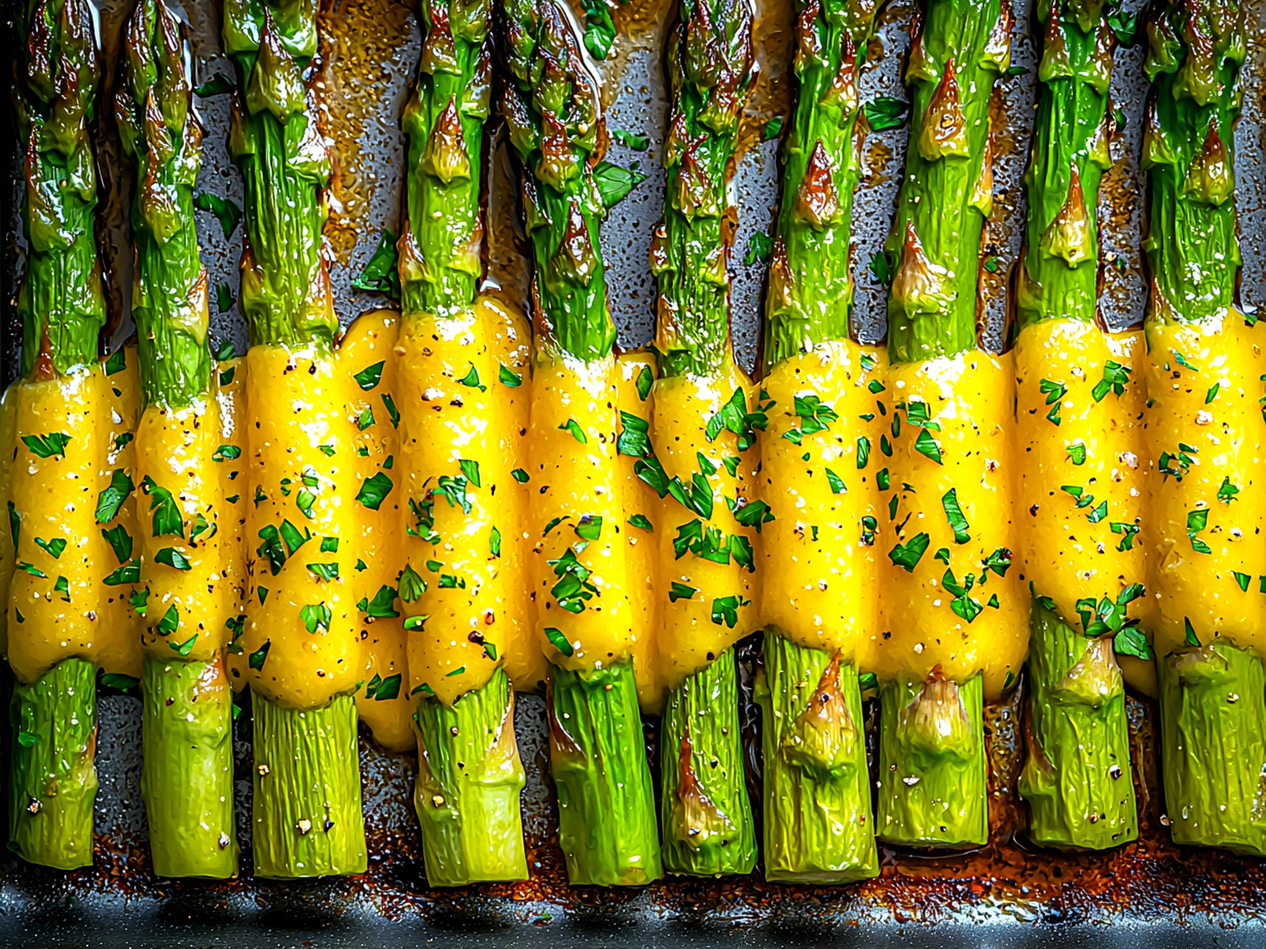 Served Roasted Asparagus with Hollandaise drizzled with creamy sauce