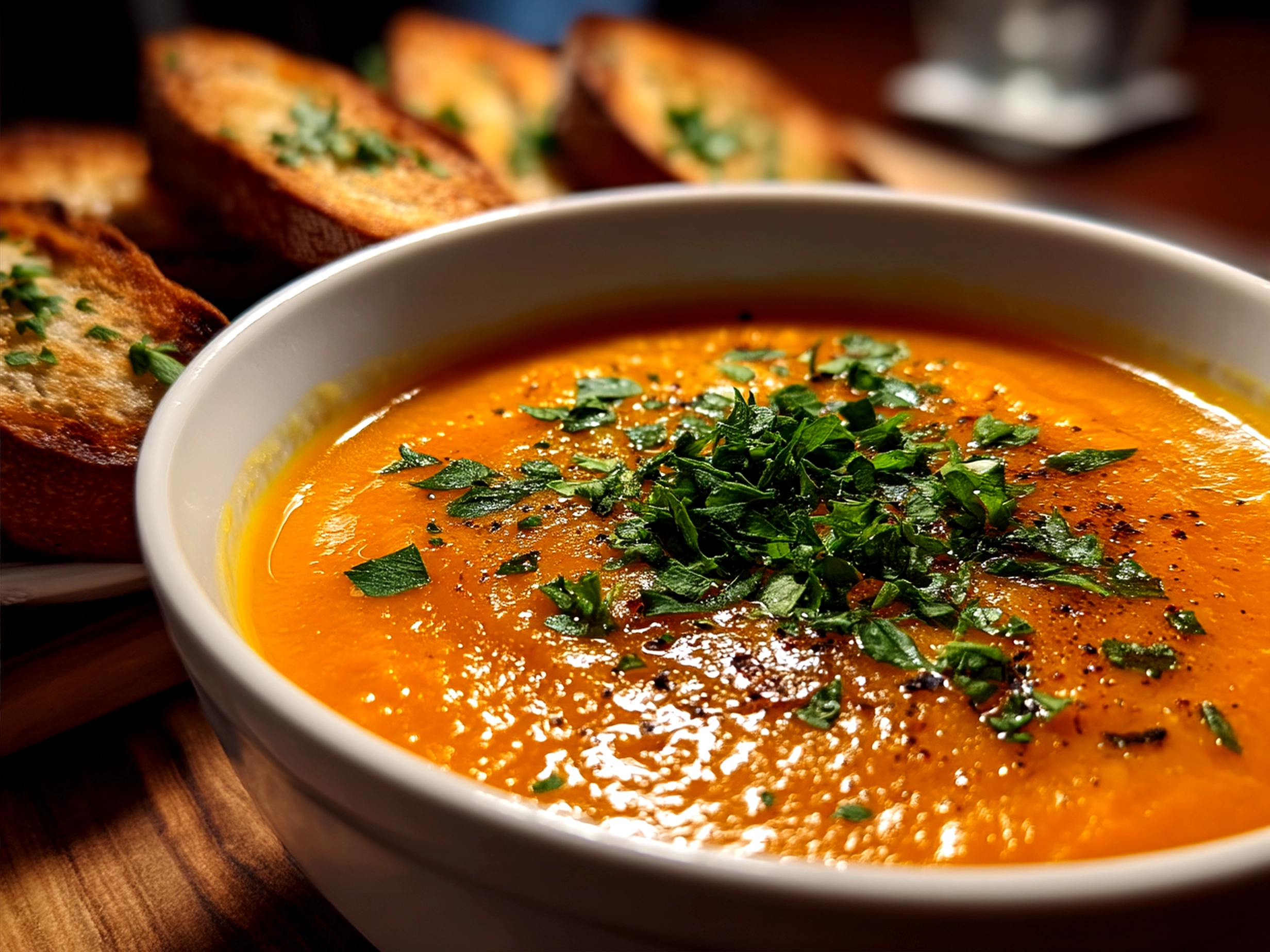 Bowl of Roasted Carrot Ginger Soup garnished with fresh herbs and coconut milk swirl
