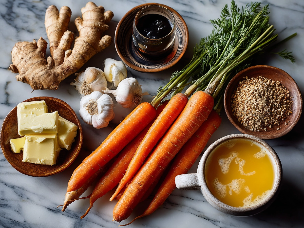 Ingredients for Roasted Carrot Ginger Soup laid out on a table including carrots, ginger, garlic, and broth