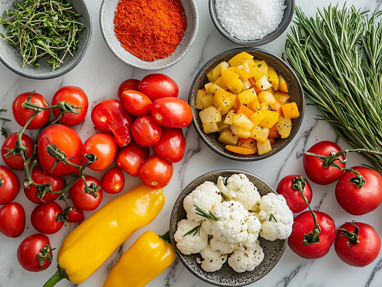 Fresh ingredients for Roasted Spring Vegetable Platter laid out on a kitchen counter