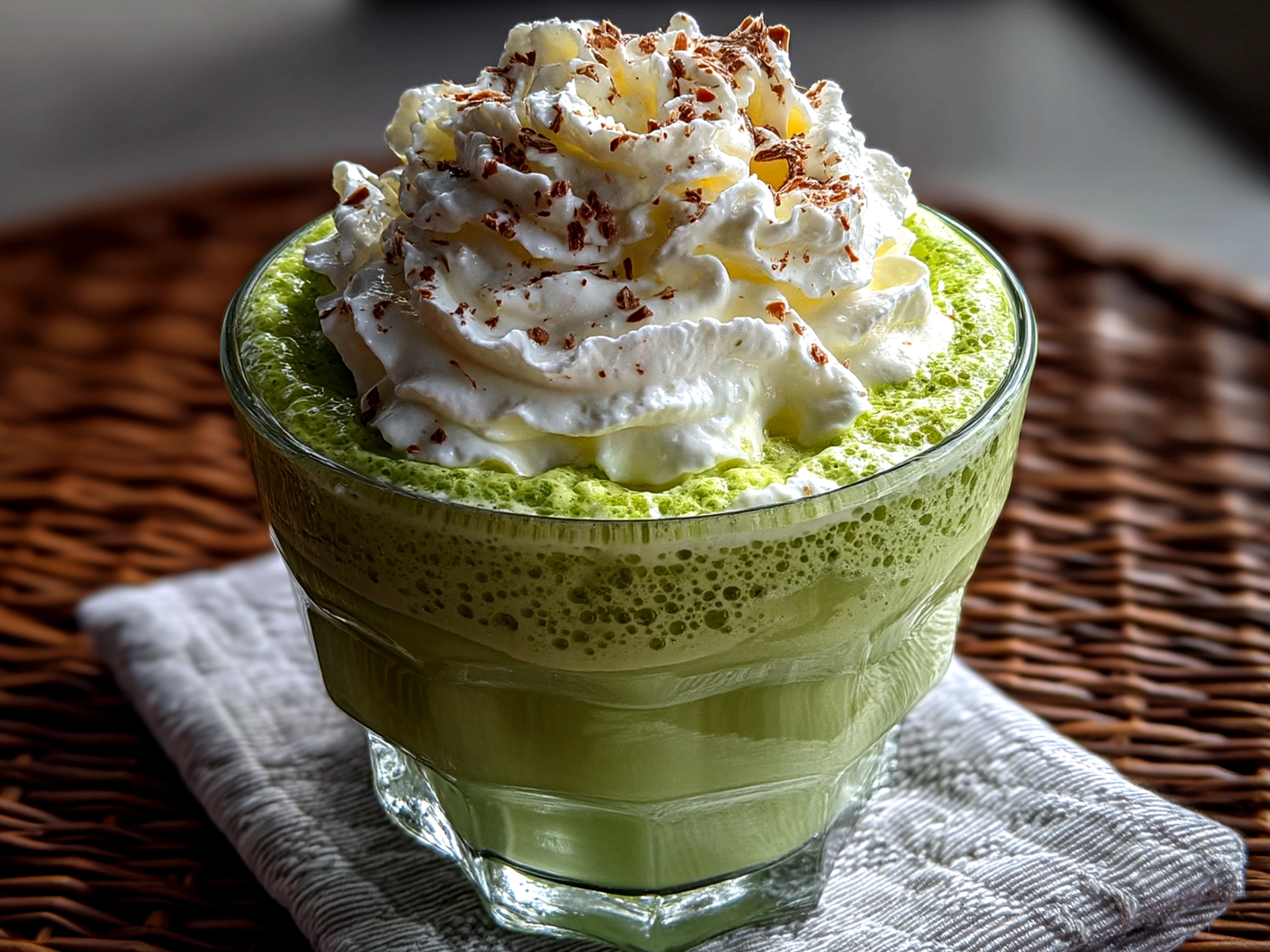 Freshly made Shamrock Shake Copycat topped with whipped cream and a cherry in a tall glass