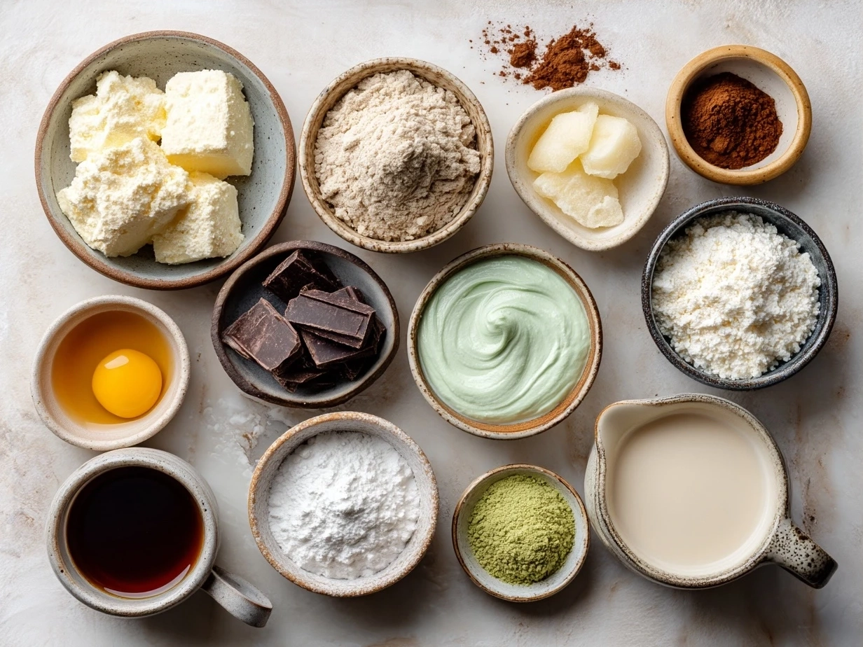 Shamrock Shake Copycat ingredients including vanilla ice cream, milk, peppermint extract, sugar and green food coloring