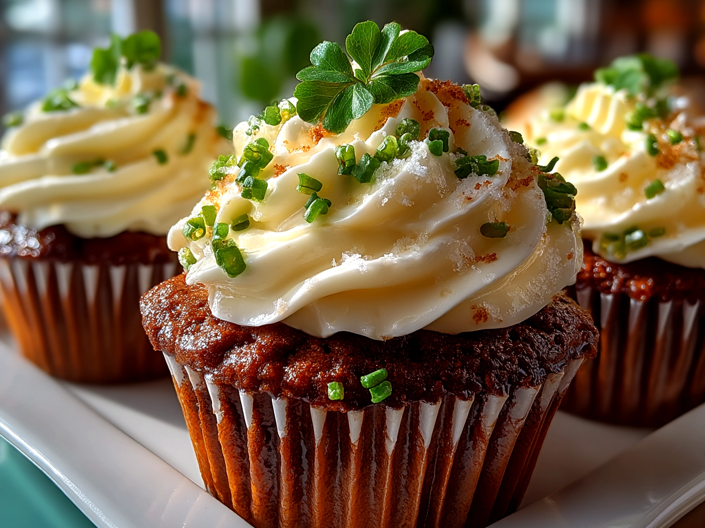 Finished Shamrock Shake Cupcakes with creamy green frosting on a pastel platter