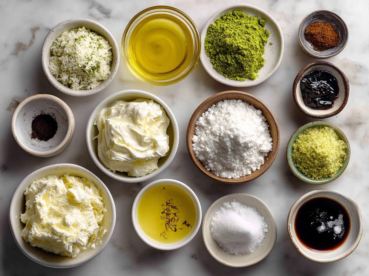 Ingredients for Shamrock Shake Cupcakes laid out including flour, butter, sugar, eggs, milk, and green food coloring