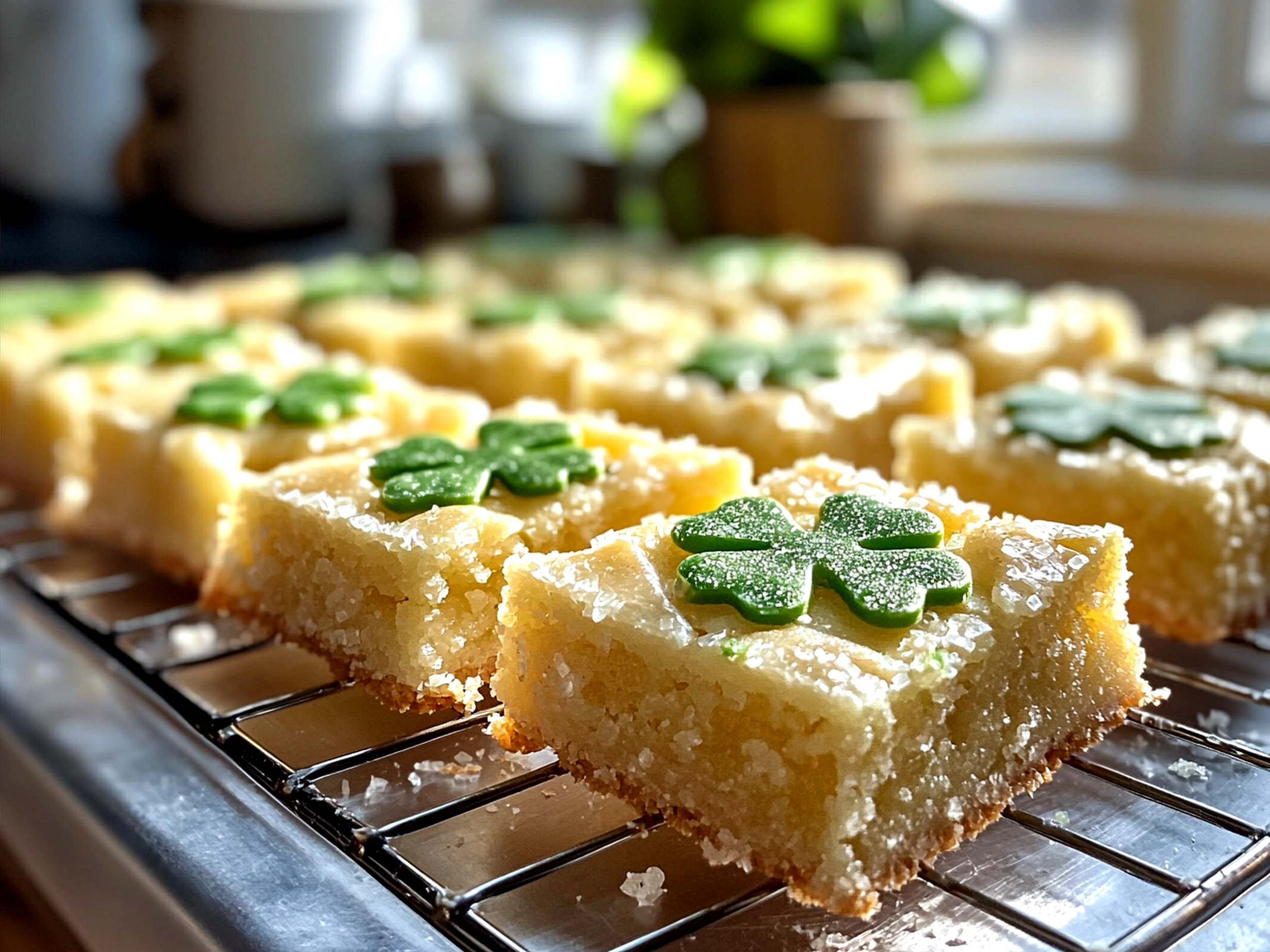 Serving presentation of Shamrock Sugar Cookie Bars with peppermint tea and fresh fruit