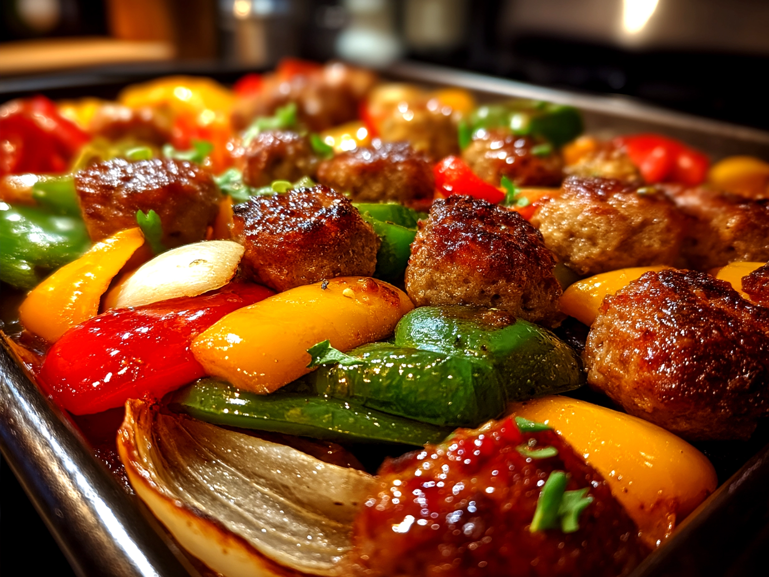 Finished Sheet Pan Sausage Peppers ready to serve, garnished with fresh parsley