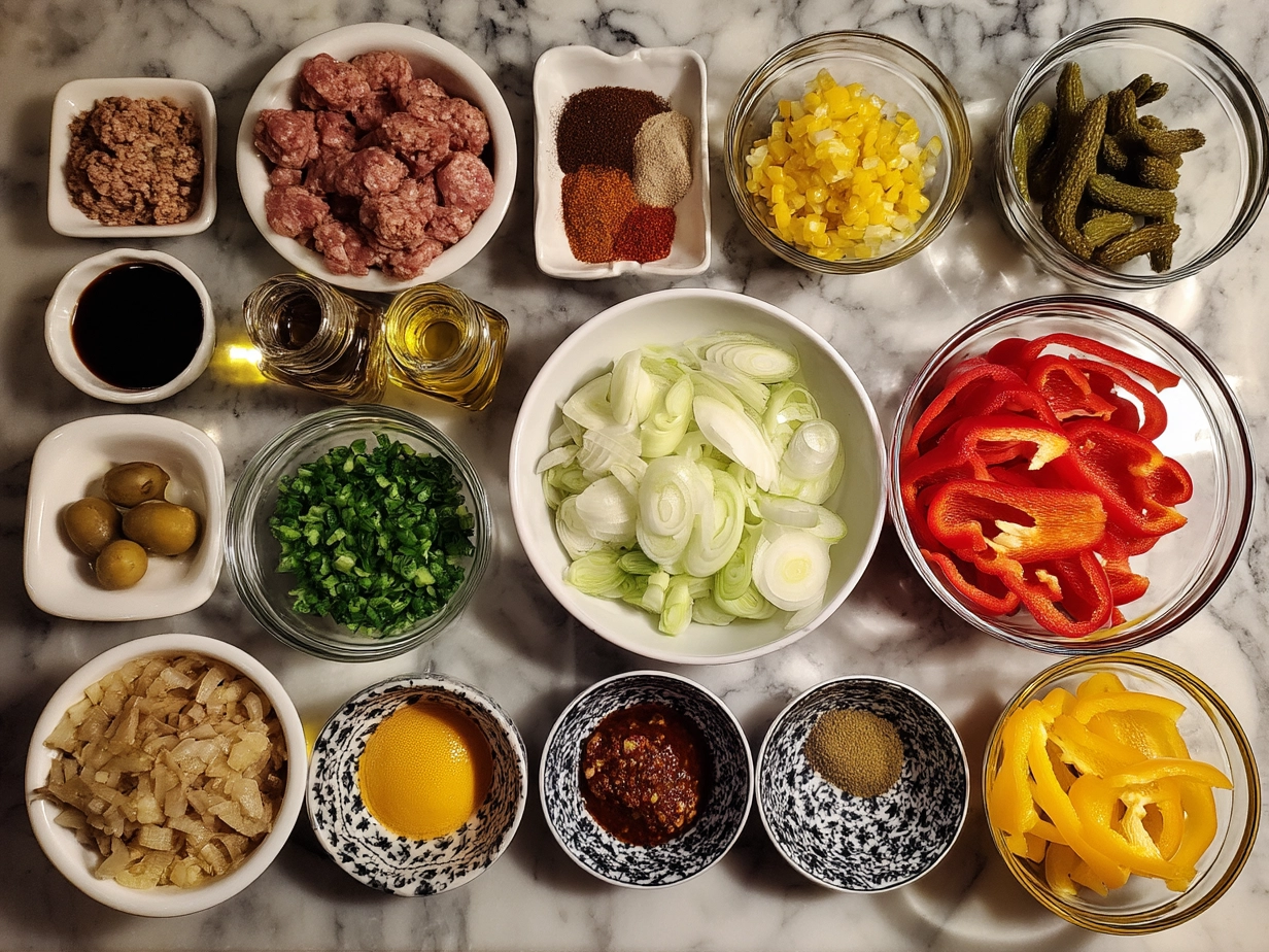 Ingredients for Sheet Pan Sausage Peppers including sausages, bell peppers, onions, and seasonings