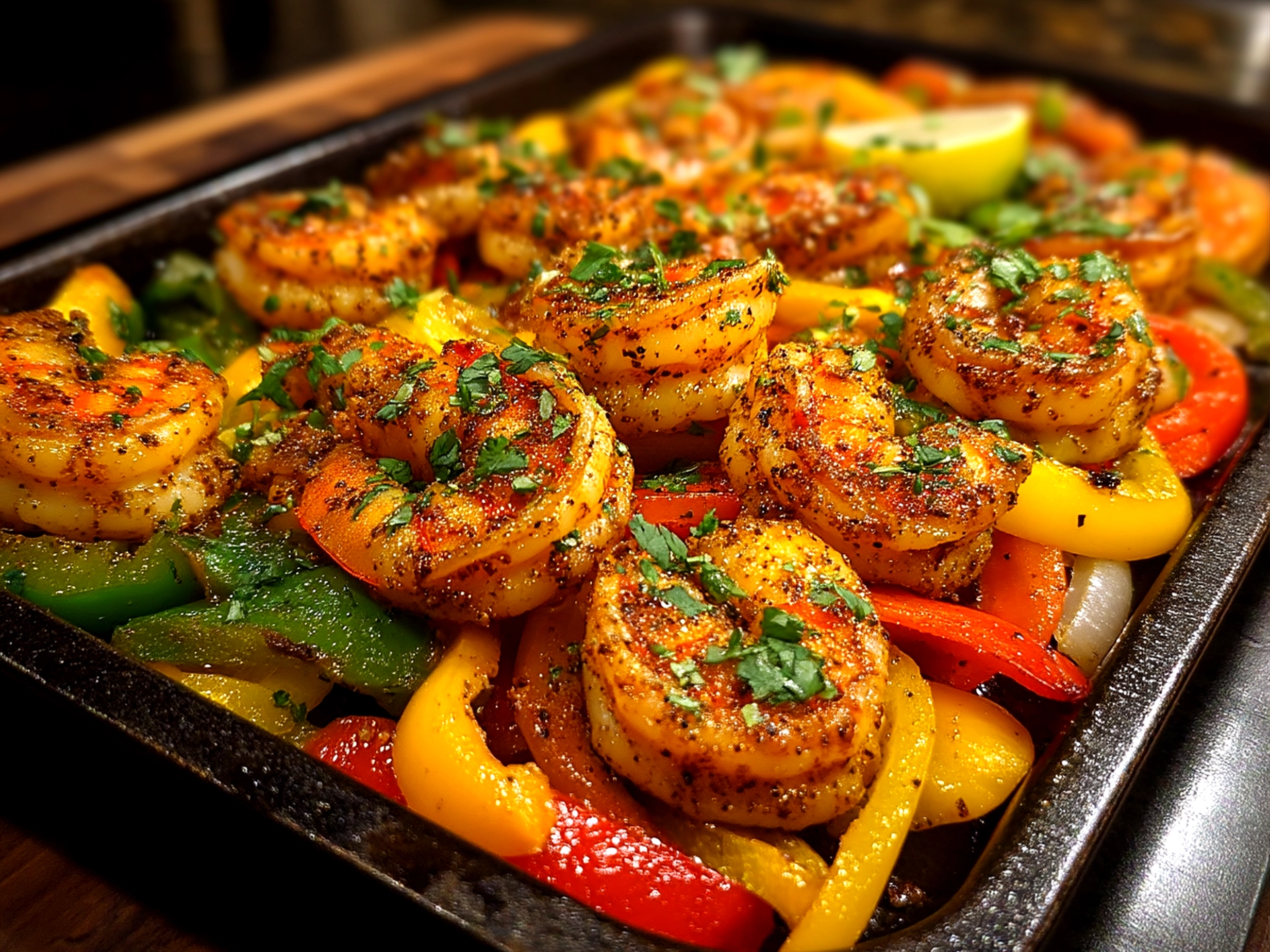 A serving plate of colorful Sheet Pan Shrimp Fajitas with tortillas and cilantro garnish
