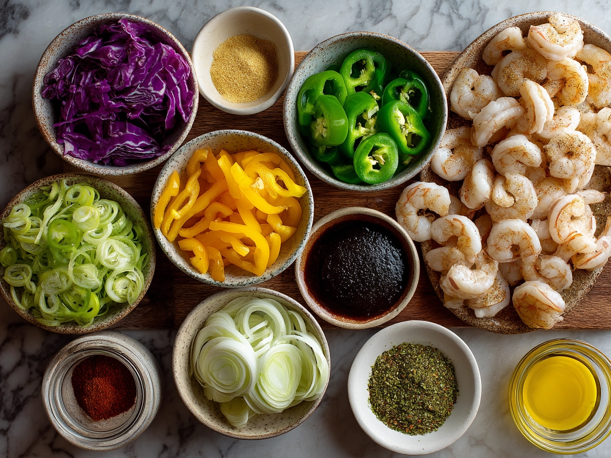 Ingredients for Sheet Pan Shrimp Fajitas including shrimp, bell peppers, onion, and spices