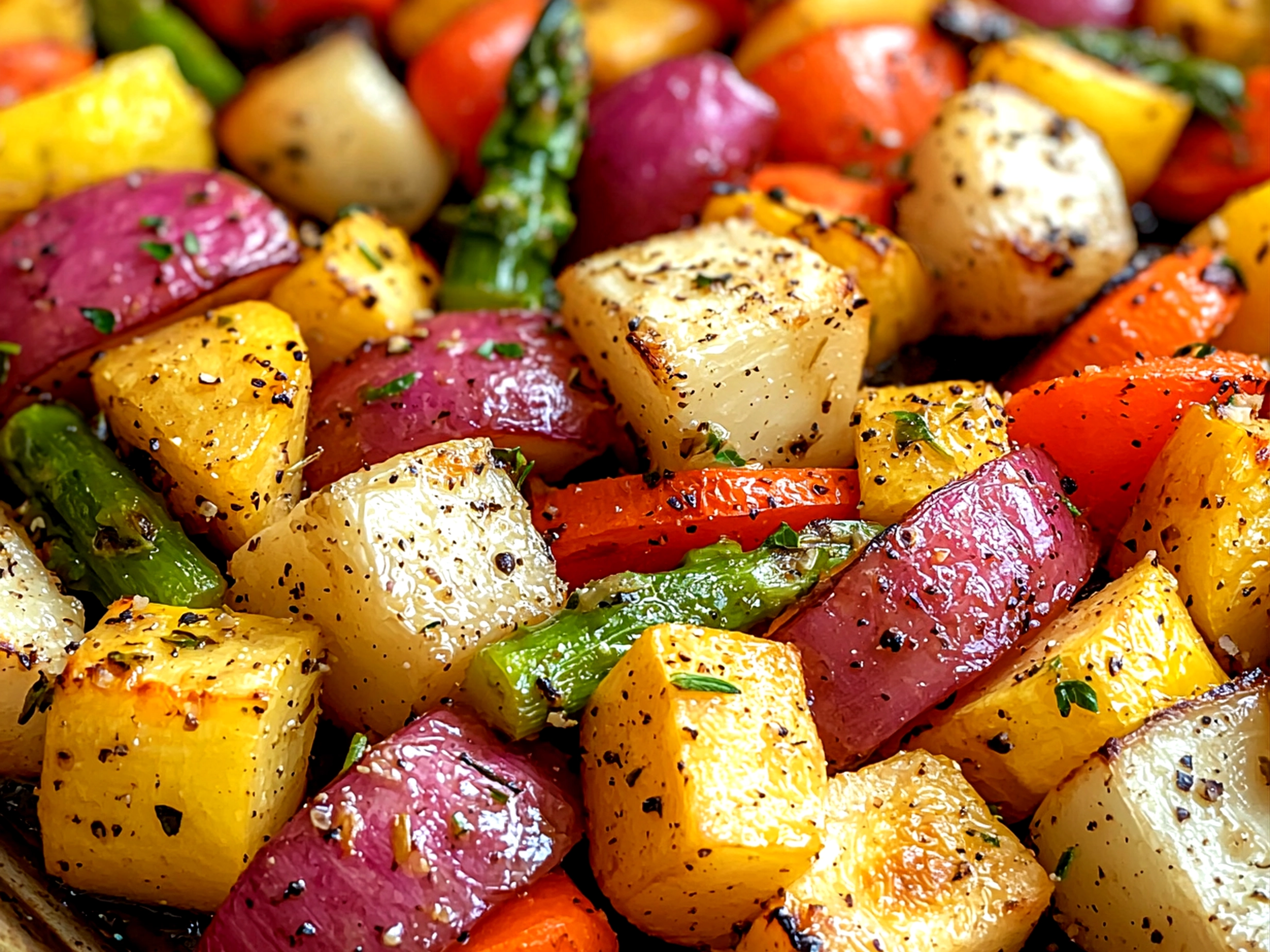 Plated Sheet Pan Spring Vegetables garnished with fresh herbs, ready to serve