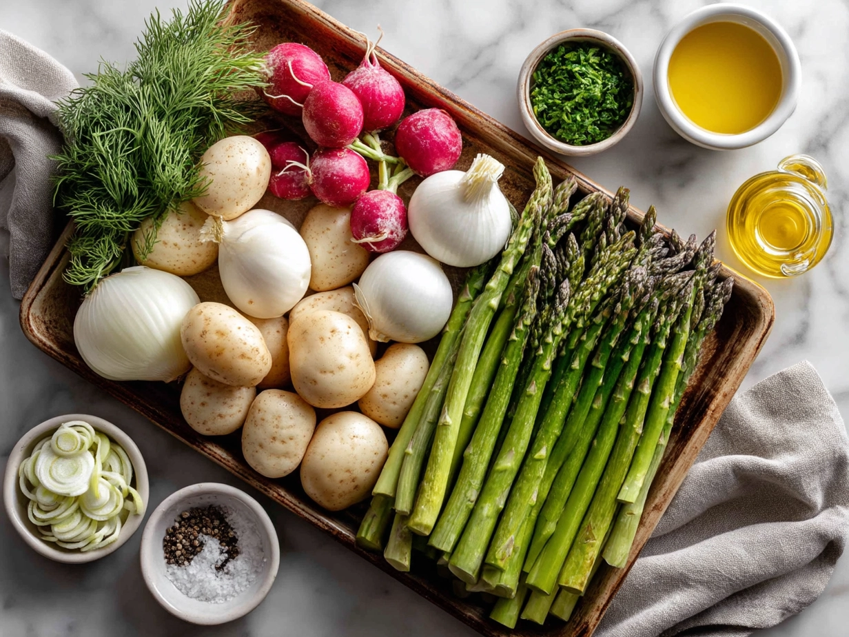 Ingredients for Sheet Pan Spring Vegetables including asparagus, baby carrots, new potatoes, radishes, and red bell pepper