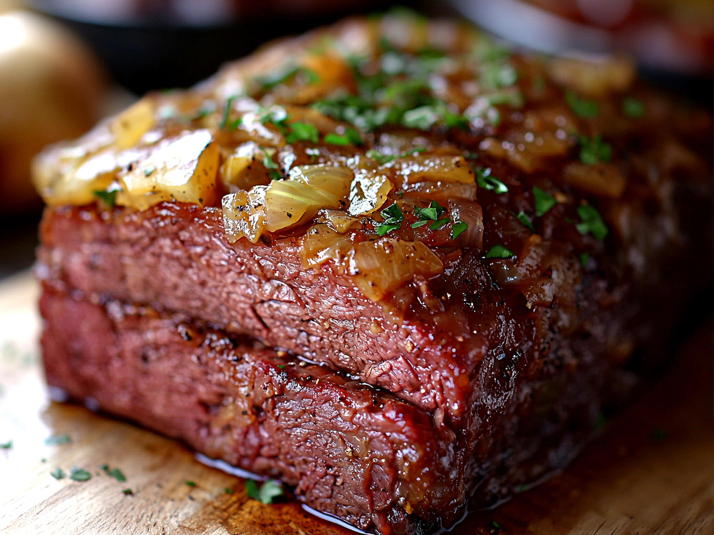 Platter of slow cooker corned beef slices with cabbage, carrots, and potatoes