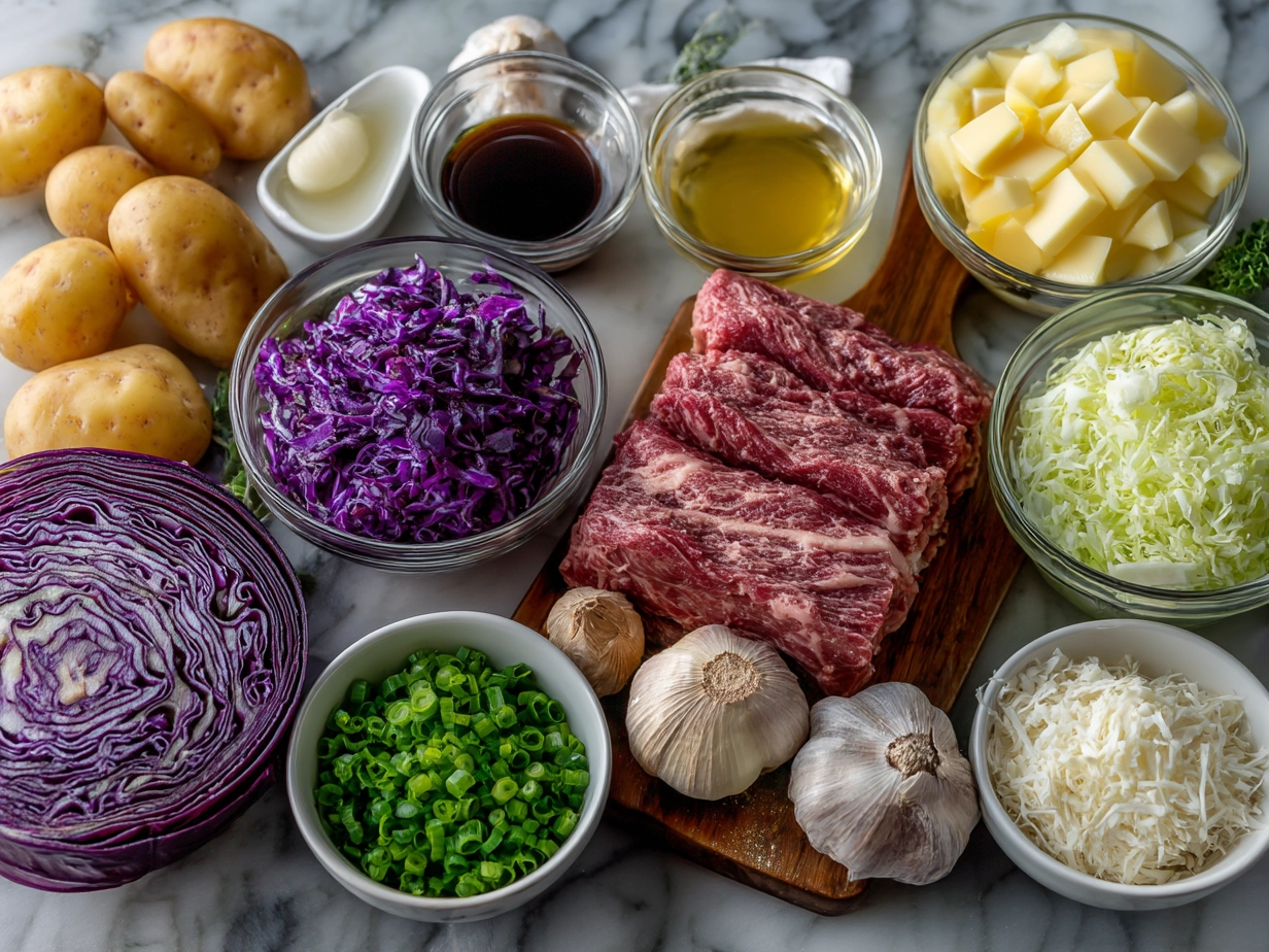 Ingredients for Slow Cooker Corned Beef Cabbage laid out on a kitchen counter
