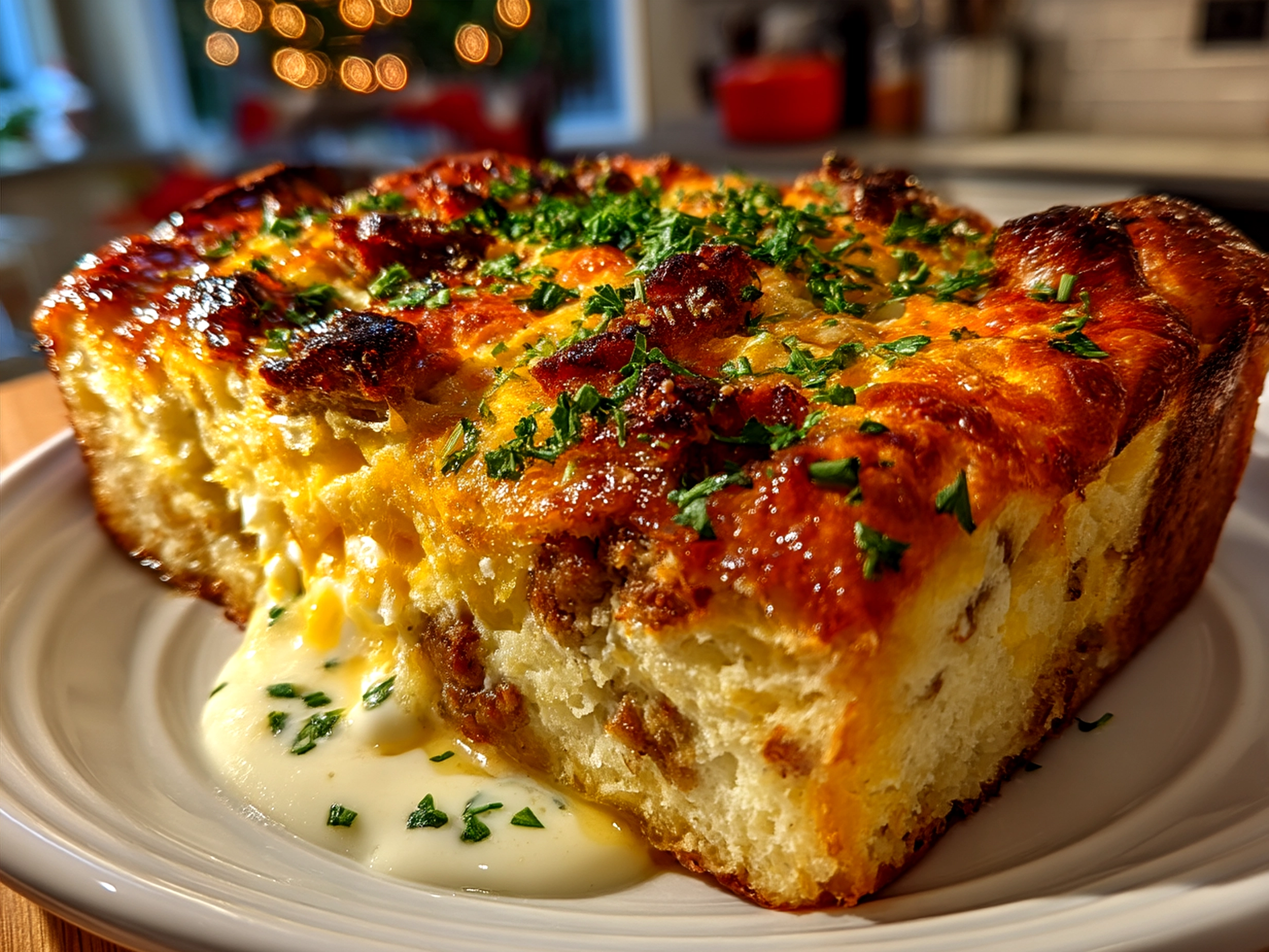 Sourdough Breakfast Casserole served with fresh herbs