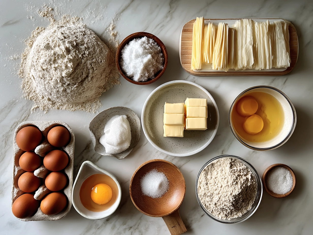 Ingredients for sourdough brioche loaf: bread flour, whole wheat flour, sourdough starter, milk, eggs, butter, sugar, salt