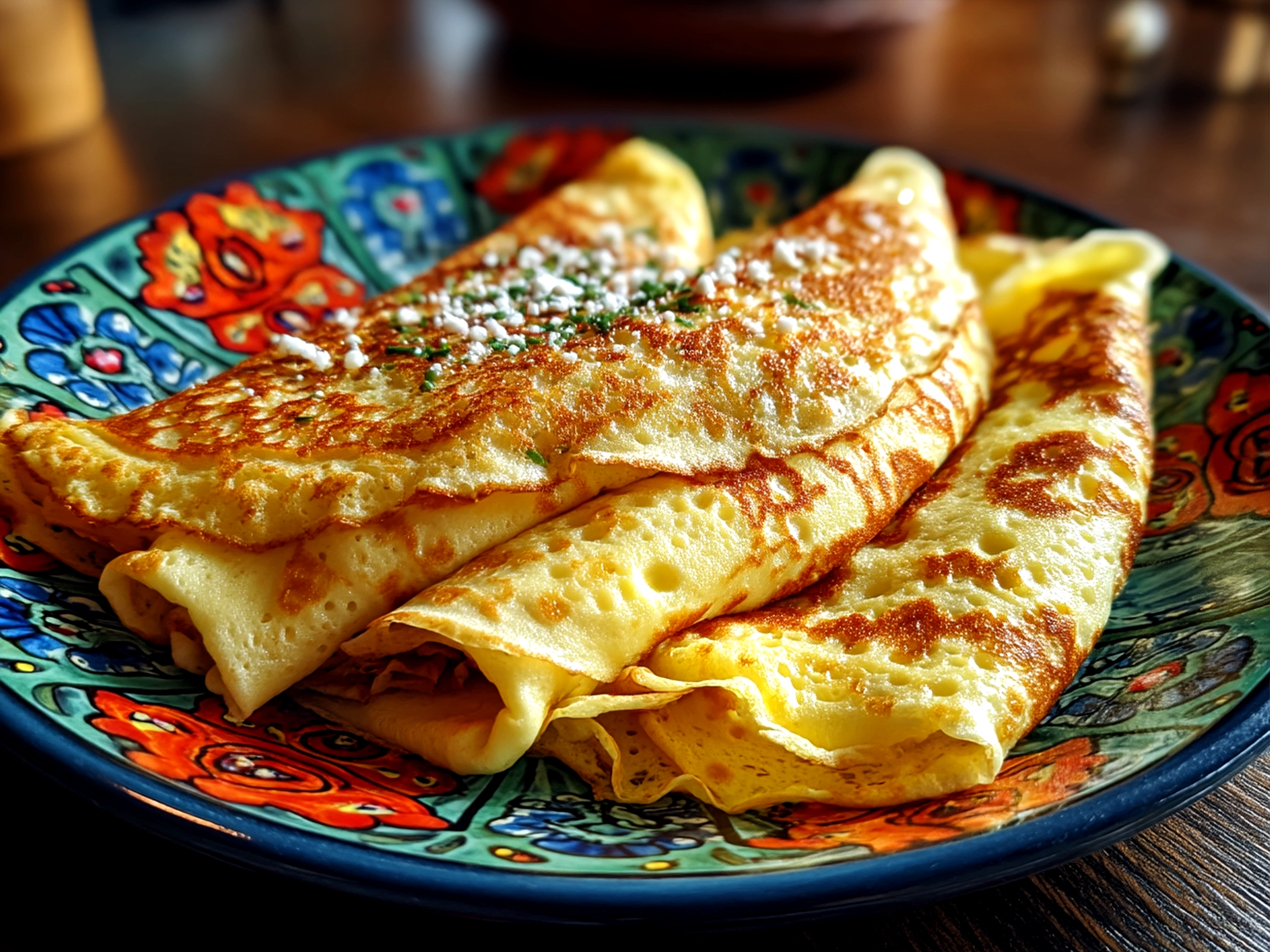 Served Sourdough Discard Crepes on a plate with toppings