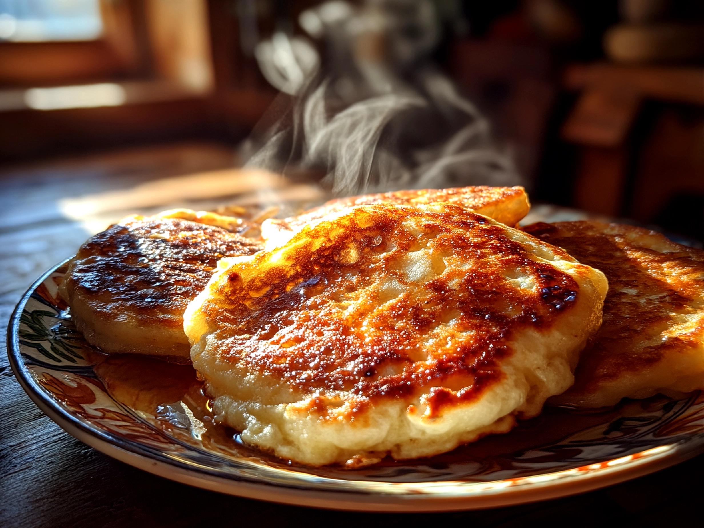 Stack of sourdough discard pancakes served with syrup and butter