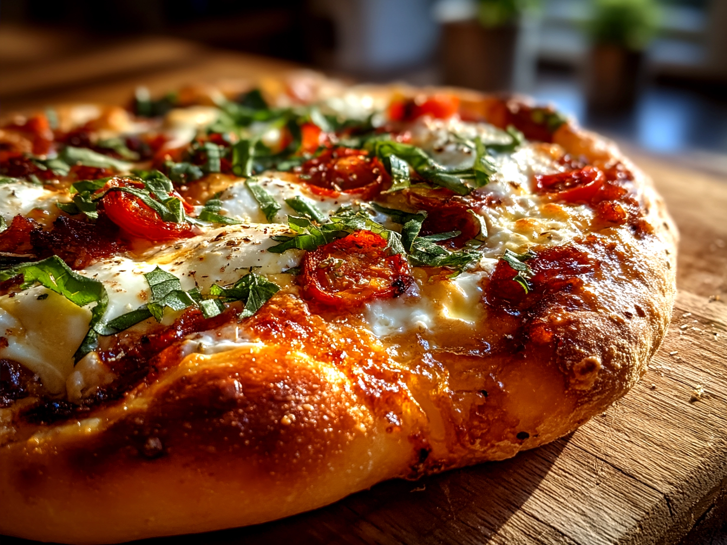Finished sourdough discard pizza with toppings served on a wooden board