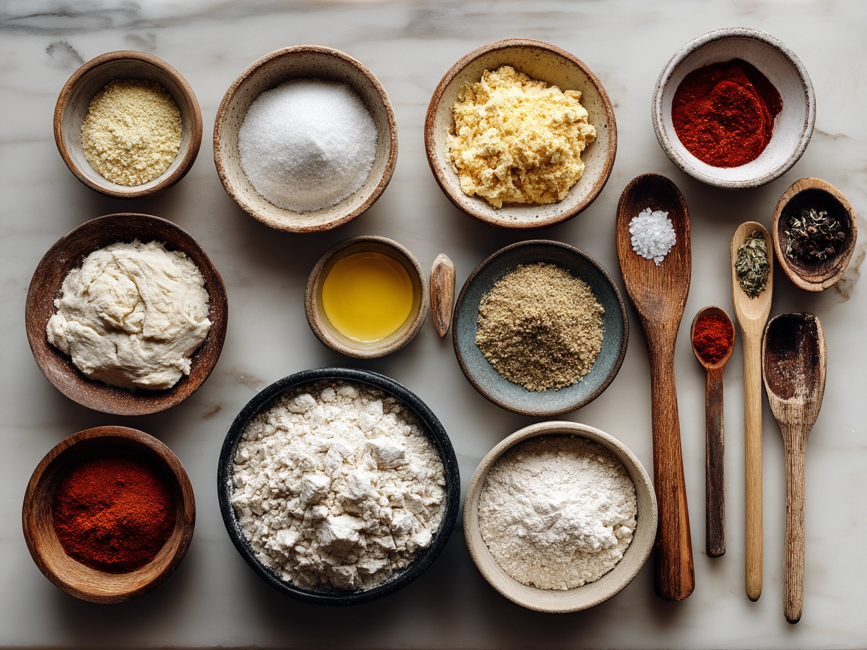 Ingredients for sourdough discard pizza dough arranged on a kitchen counter