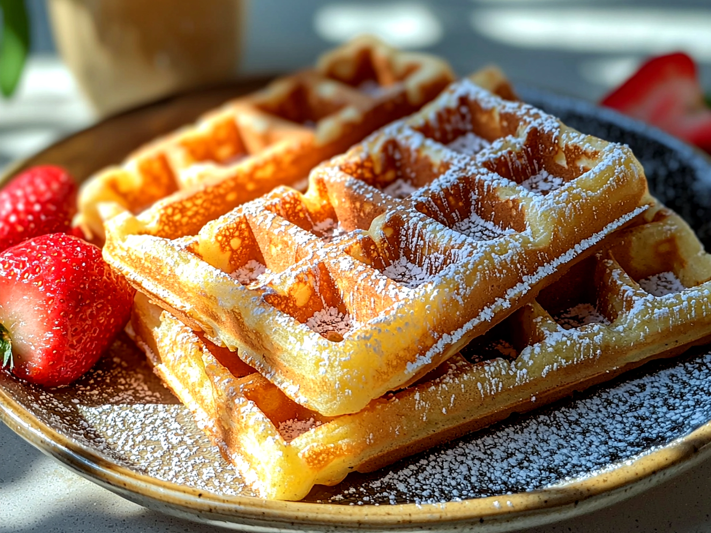 Stack of sourdough discard waffles served with butter and maple syrup