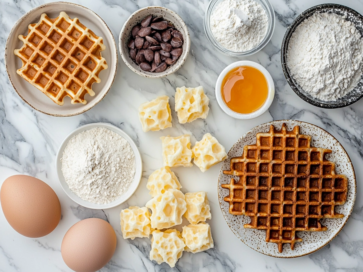 Ingredients for sourdough discard waffles laid out on a kitchen counter