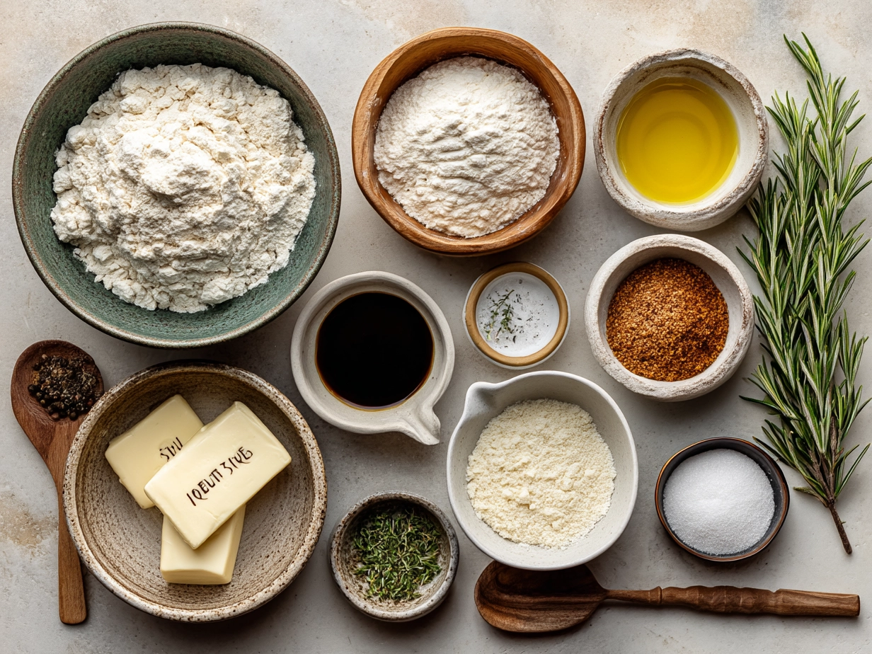 Ingredients for Sourdough Focaccia with Rosemary including sourdough starter, flour, olive oil and fresh rosemary