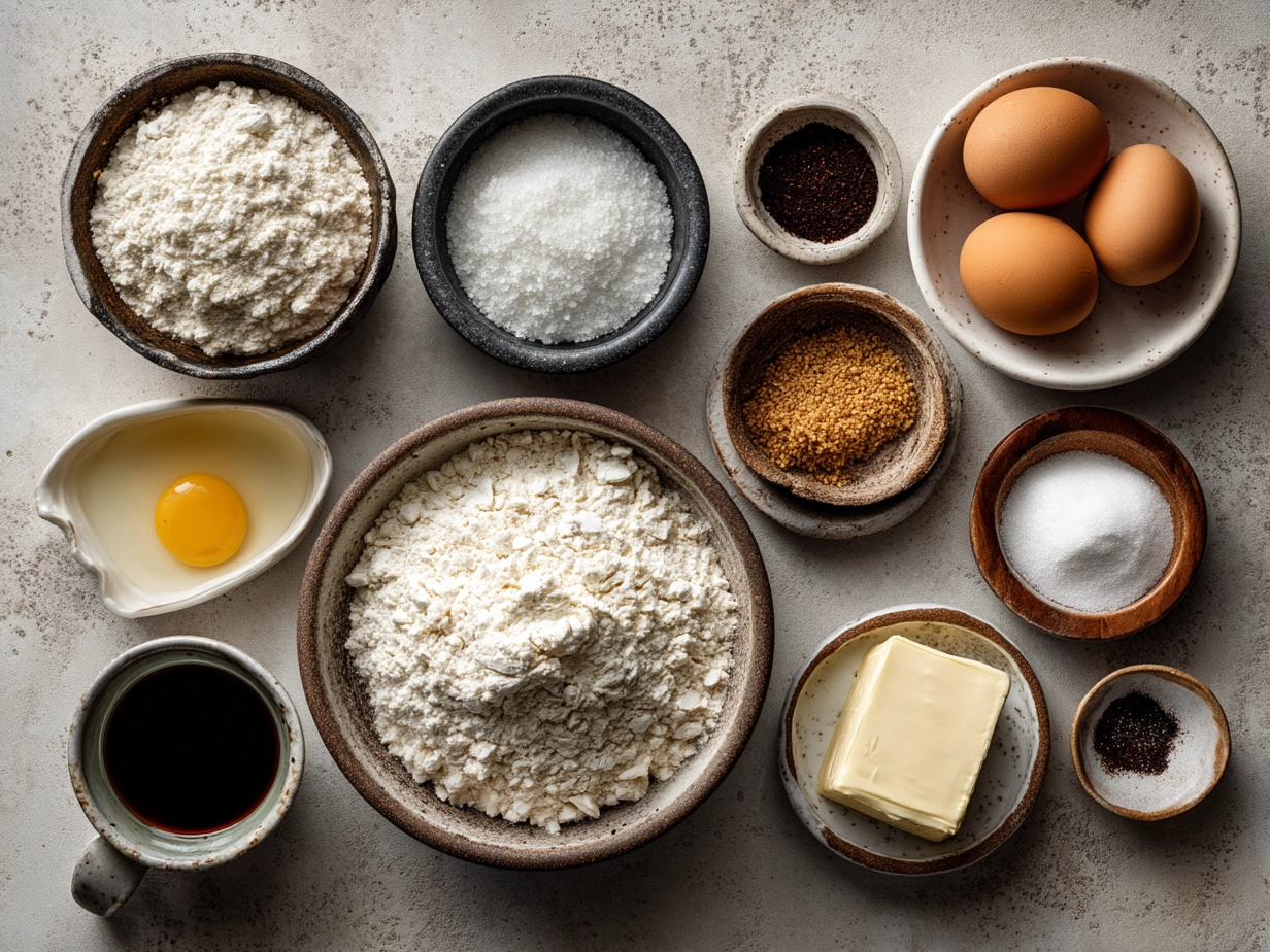 Ingredients for making sourdough pretzel rolls including flour, sourdough starter, baking soda, and butter