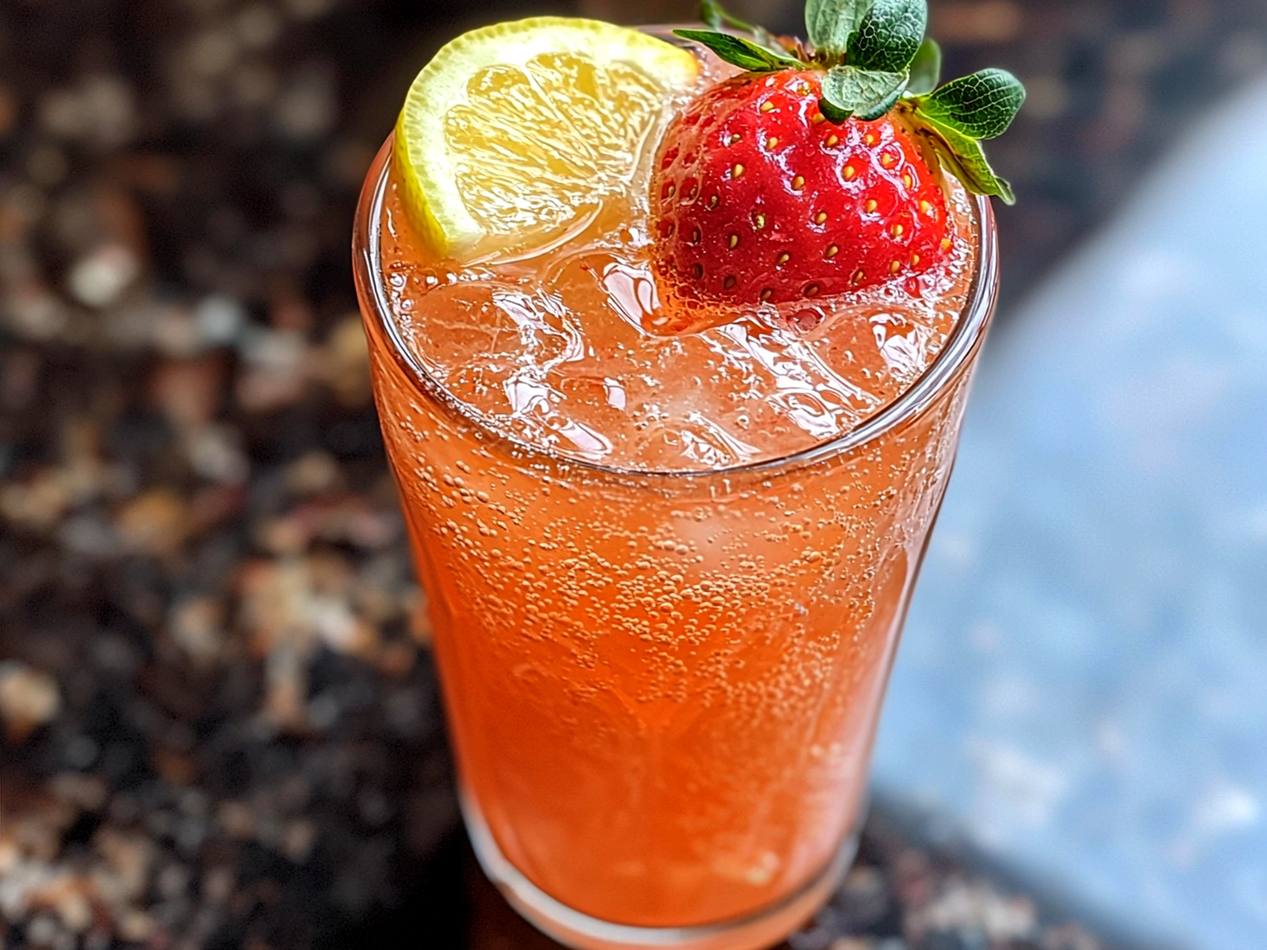 A tall glass of sparkling strawberry lemonade mocktail with ice, mint garnish, and lemon slice
