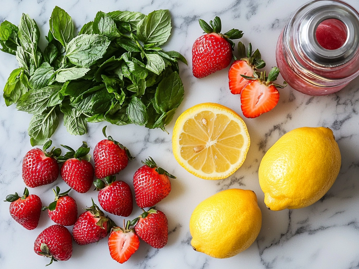 Fresh ingredients for Sparkling Strawberry Lemonade Mocktail including strawberries, lemons, and sugar