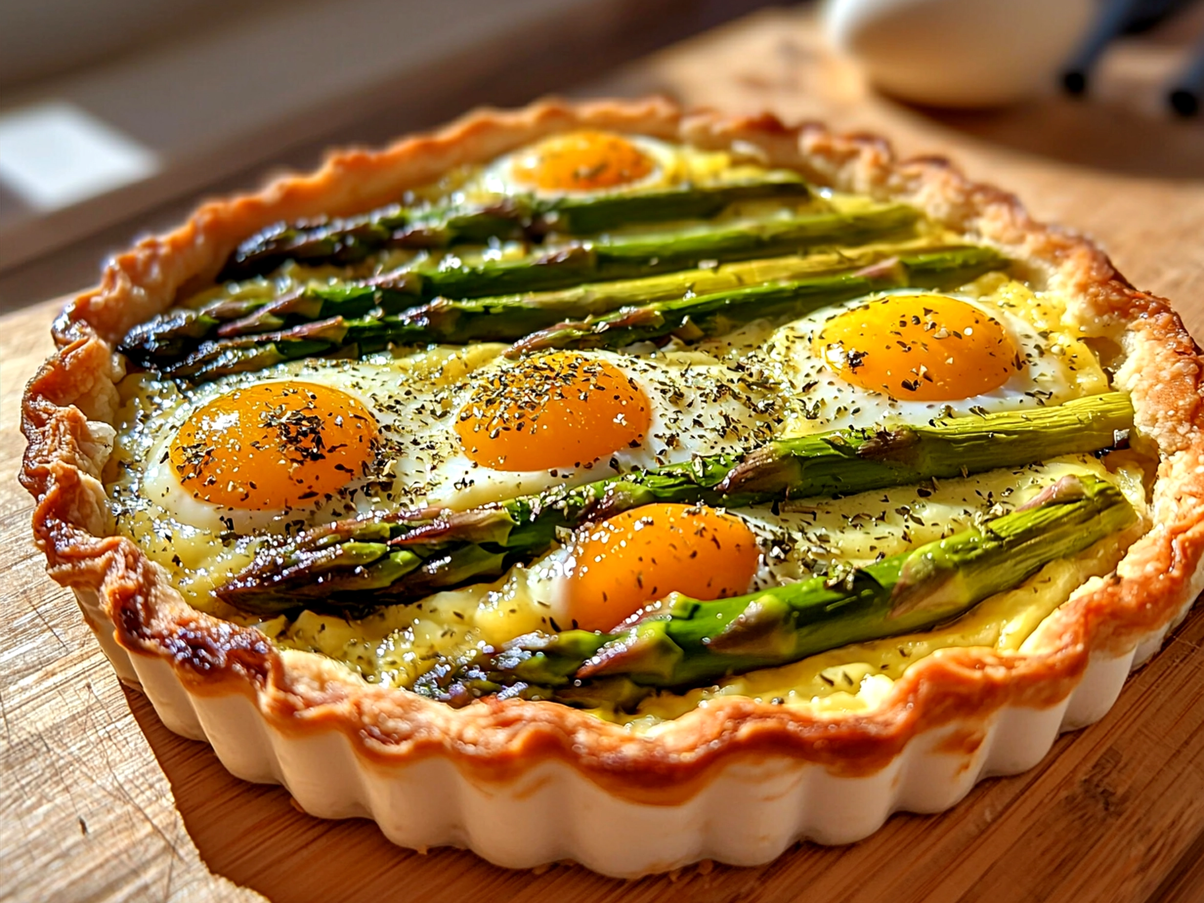 Served Spring Asparagus Egg Tart slice on a plate with fresh herbs garnished