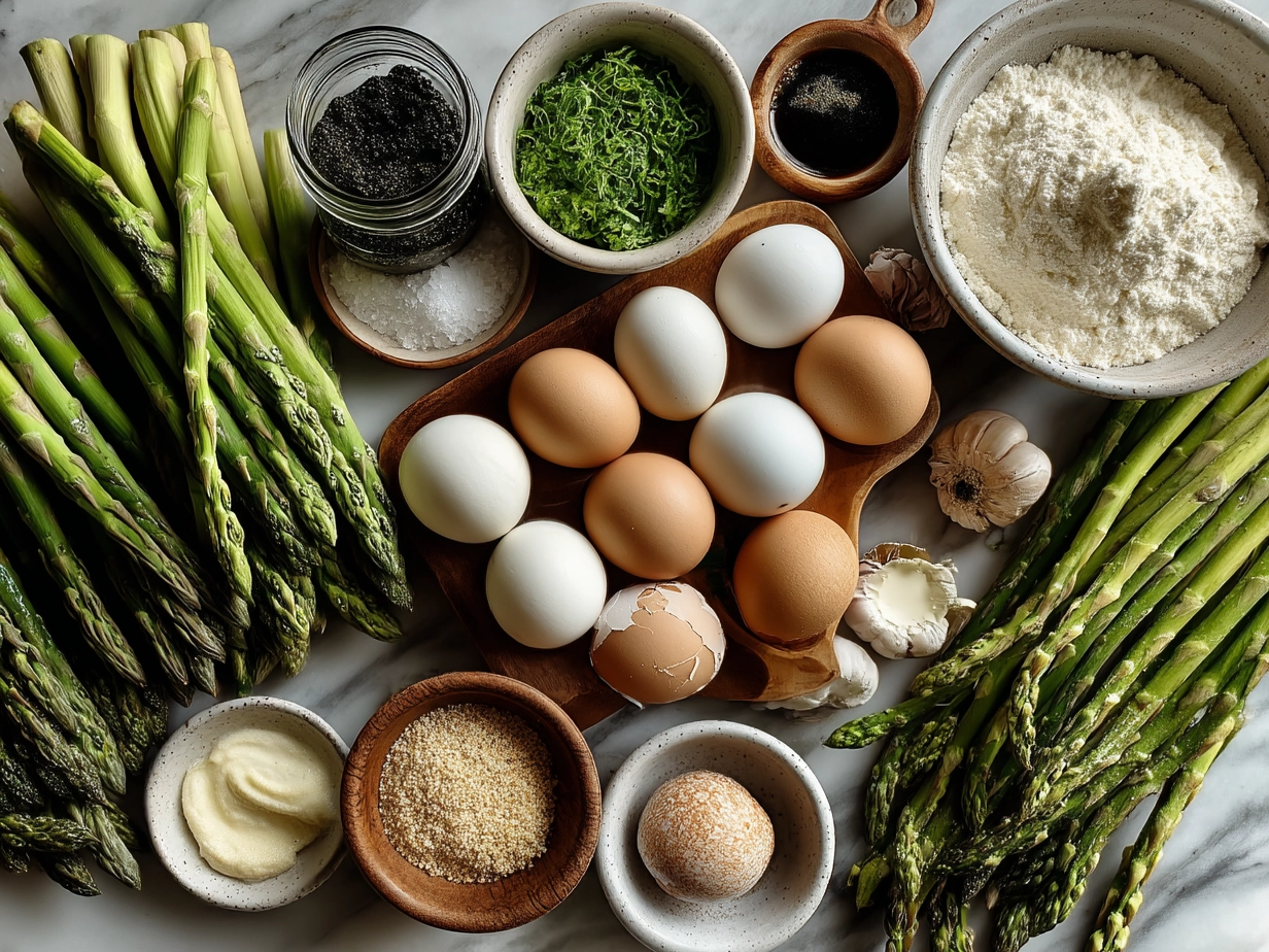 Ingredients for Spring Asparagus Egg Tart including puff pastry, asparagus, eggs, cheese, and shallots