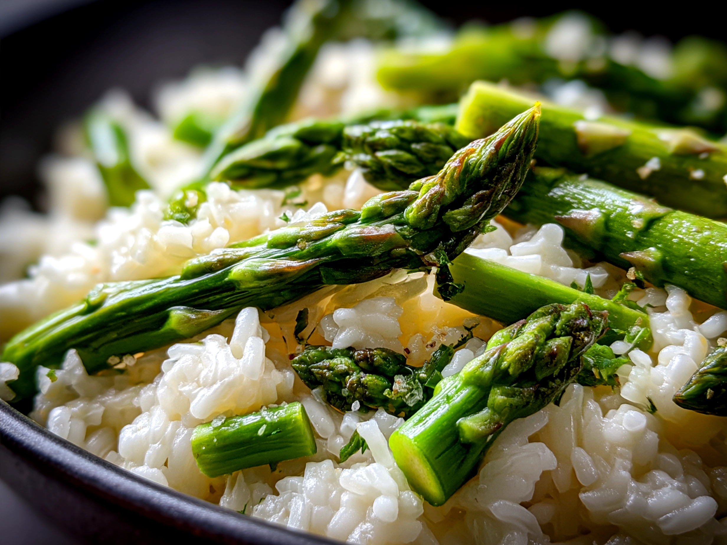 Serving bowl of creamy Spring Asparagus Risotto with Parmesan cheese topping