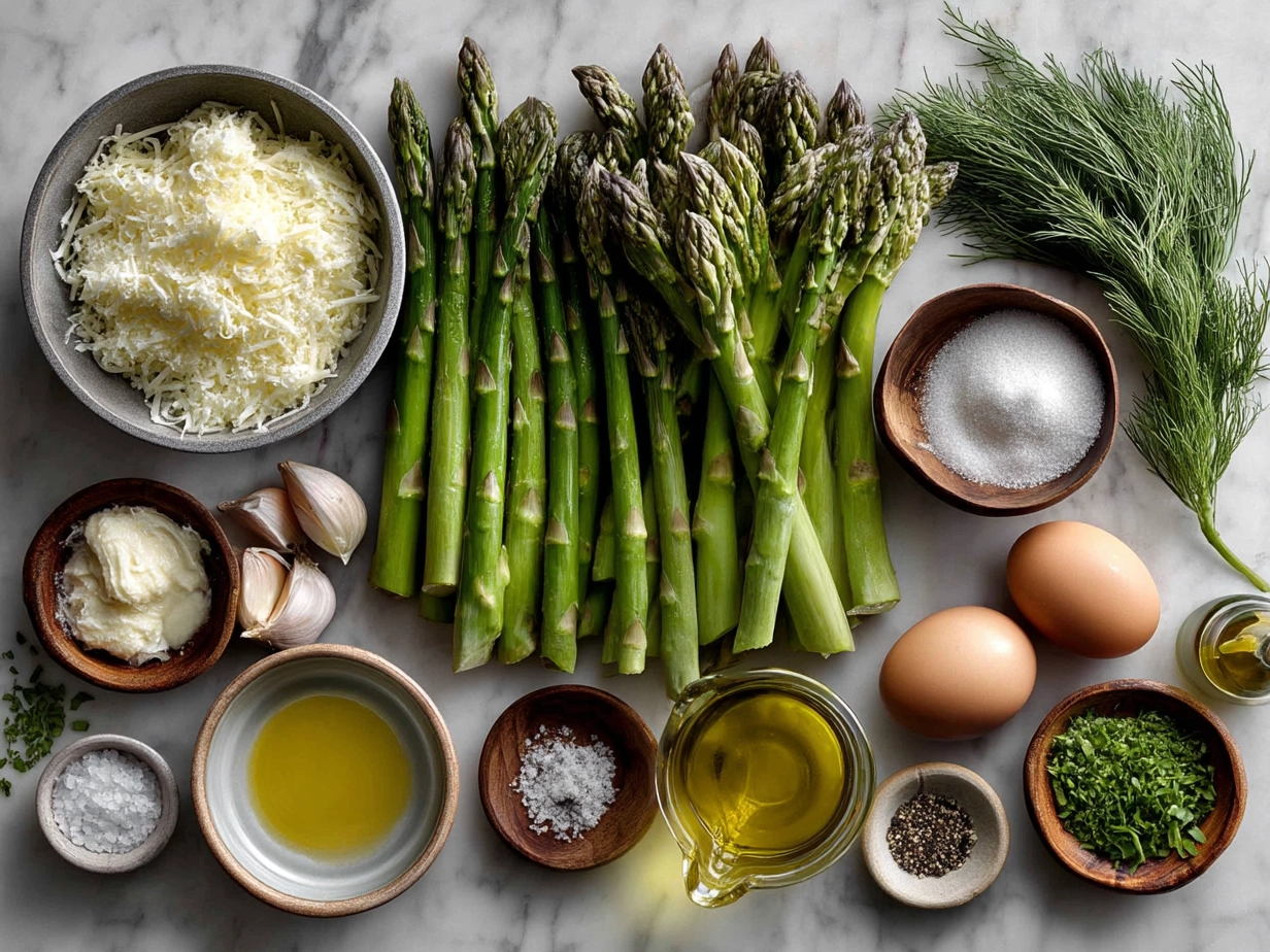 Ingredients for Spring Asparagus Risotto including fresh asparagus, Arborio rice, vegetable broth, onion, garlic, butter, Parmesan cheese, and olive oil