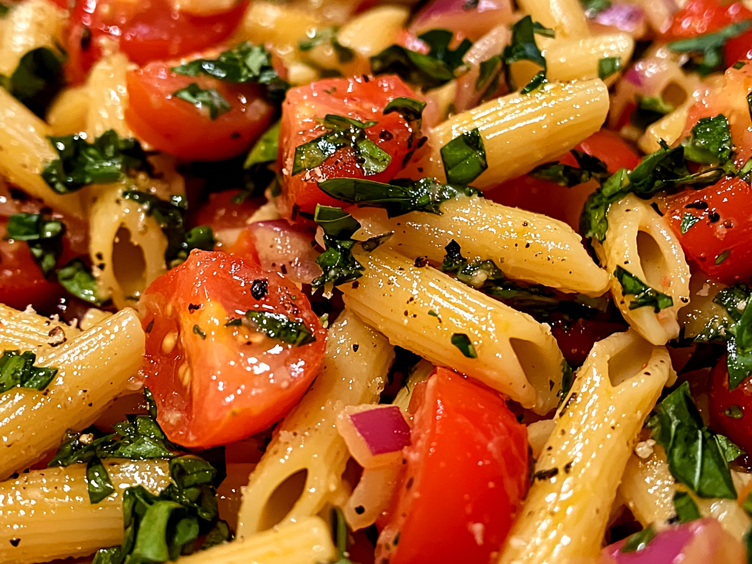 Spring Caprese Pasta Salad served and ready to eat