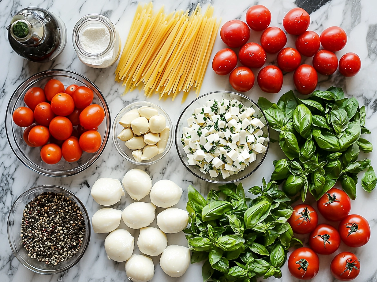 Ingredients for Spring Caprese Pasta Salad: pasta, cherry tomatoes, mozzarella, basil, olive oil, balsamic vinegar, garlic