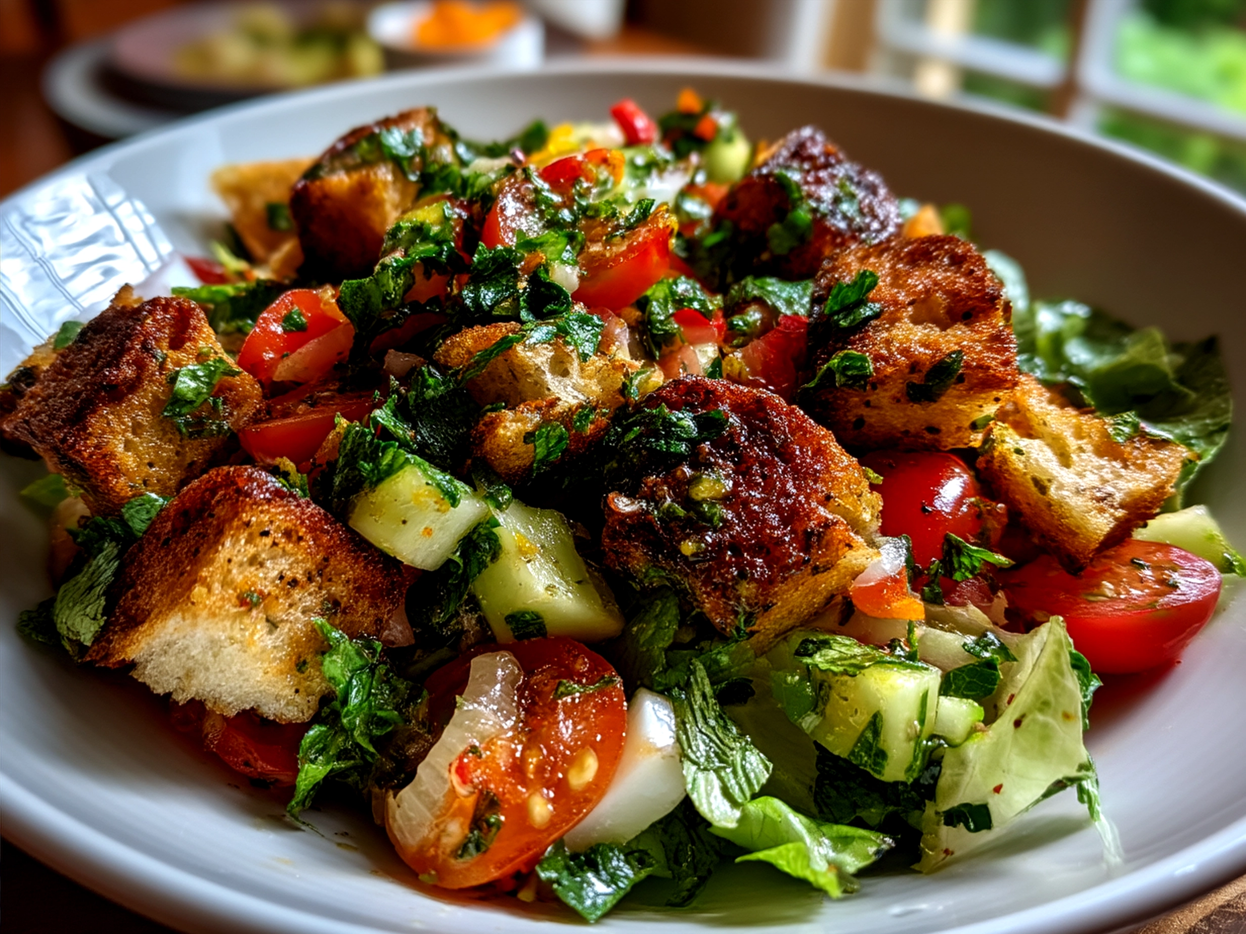Freshly served Spring Fattoush Salad with herbs and pita bread croutons