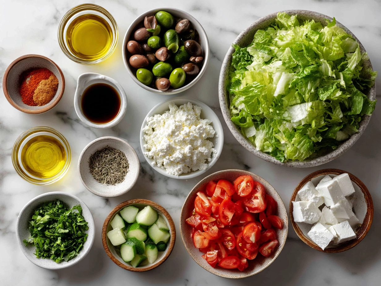 Fresh ingredients for Spring Fattoush Salad including mixed greens, tomatoes, cucumbers, herbs, and pita bread