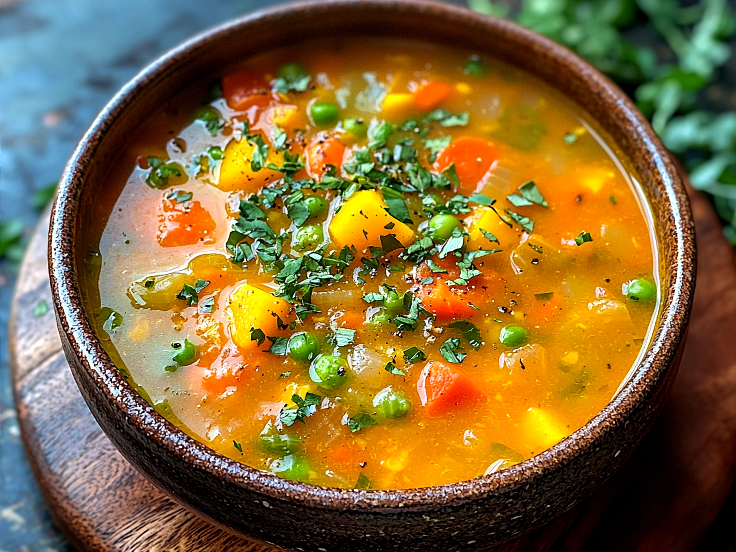 Bowl of served Spring Garden Soup with fresh herbs and bread