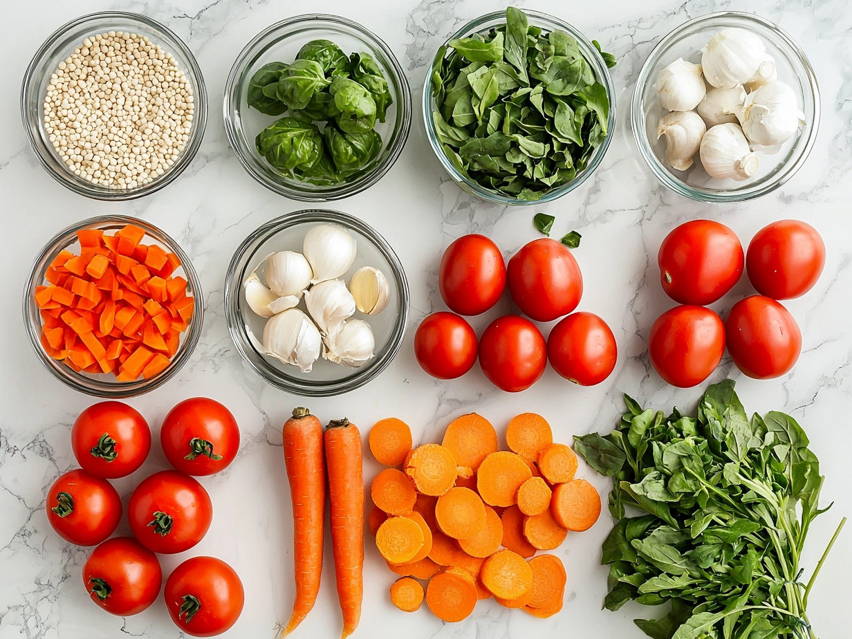 Fresh vegetables and herbs for Spring Garden Soup ingredients