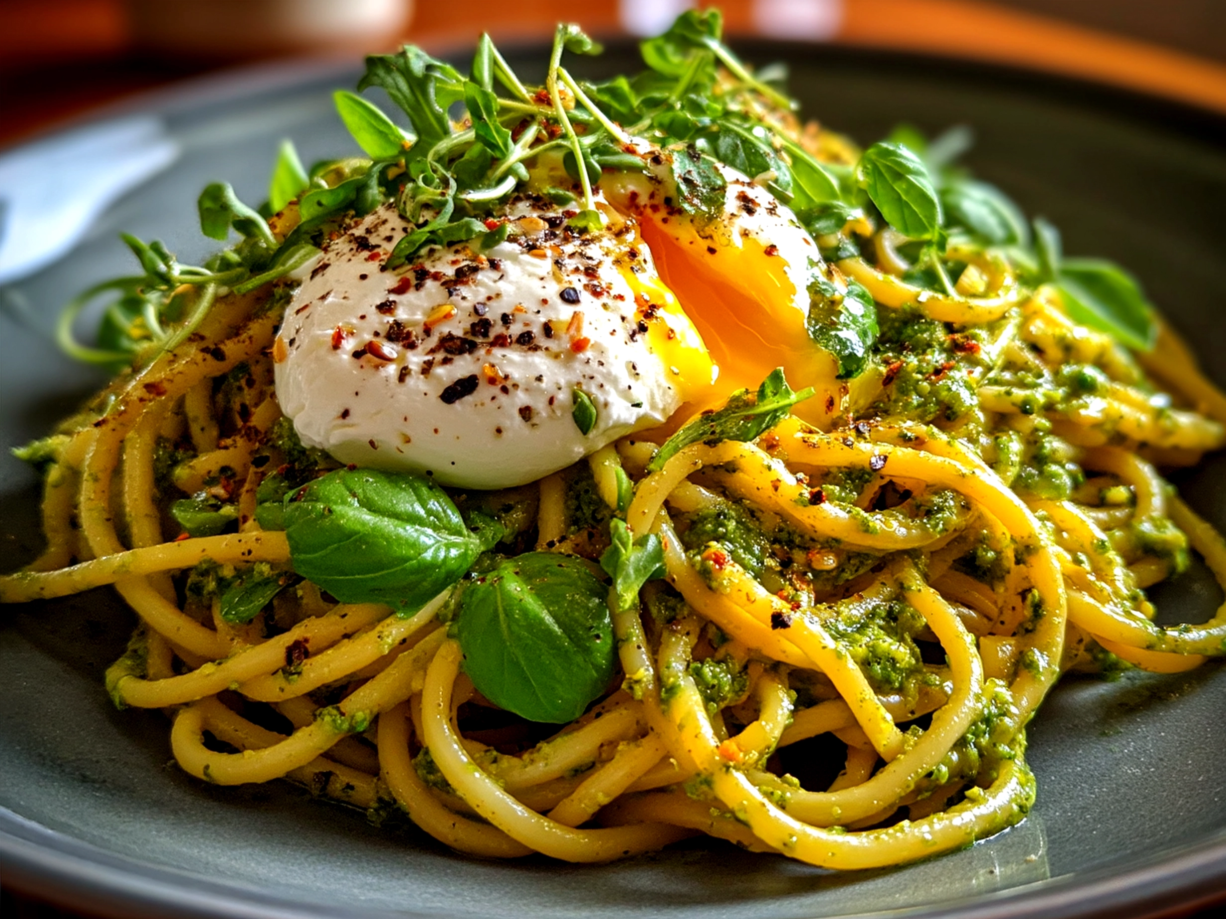 Serving Spring Green Pasta with Pesto Burrata