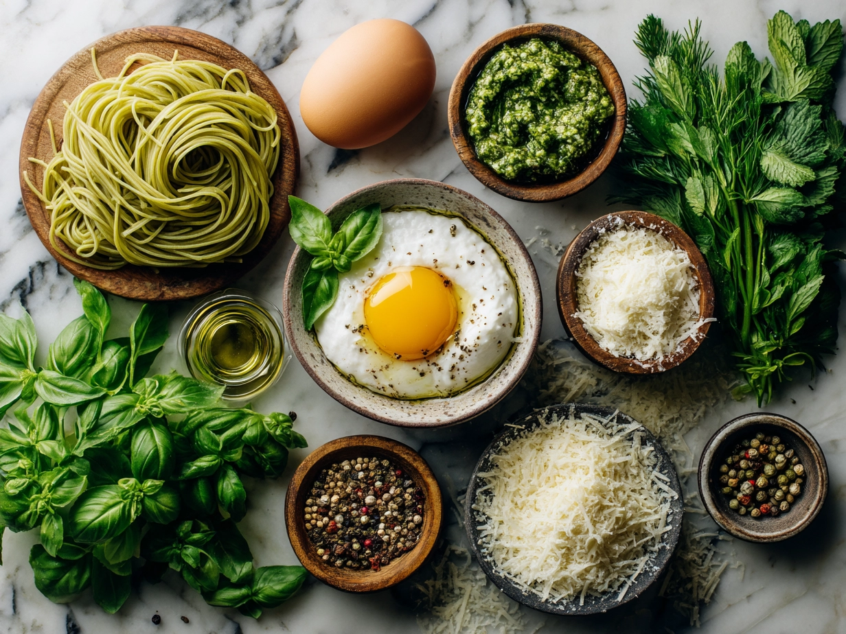 Ingredients for Spring Green Pasta with Pesto Burrata